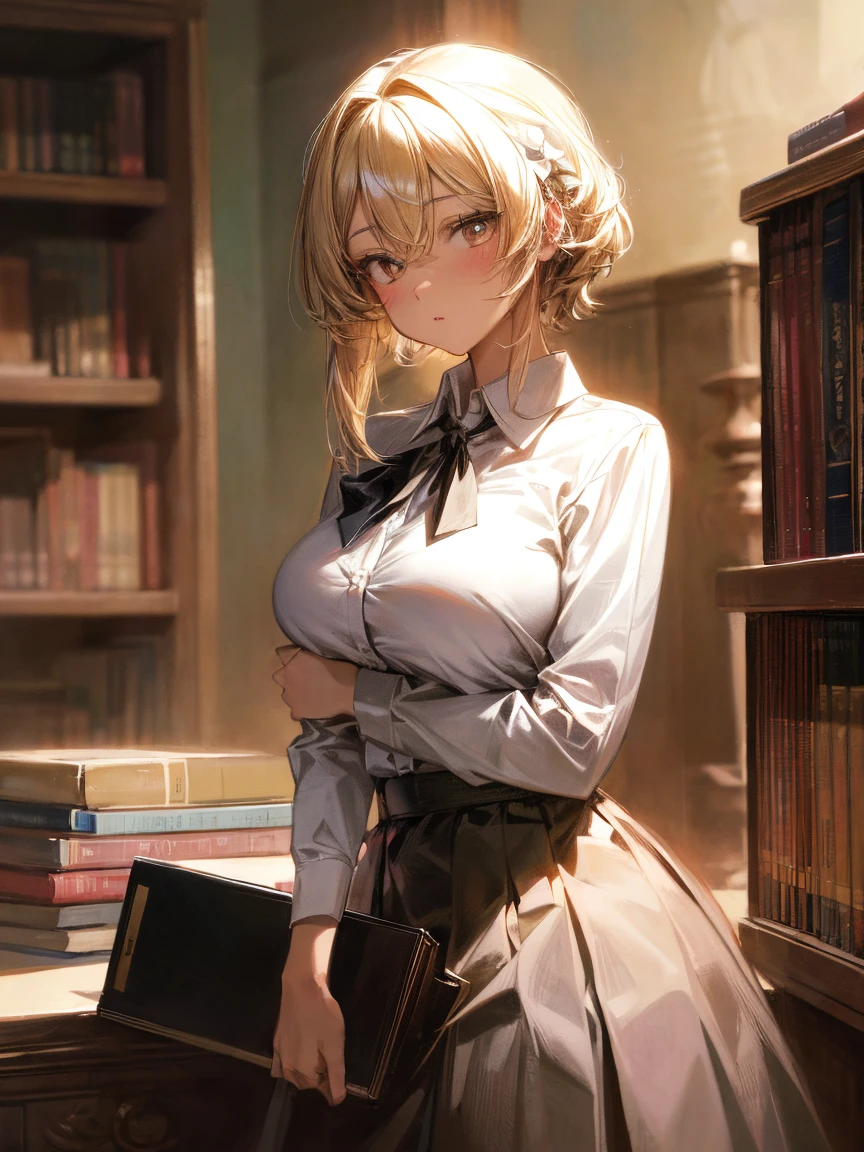 (masterpiece, computer, mejor quality, Clear focus, shadow, of the rays of God, ultra high resolution, 8K, anatomía perfecta, rostro perfecto, (detailed face), (detailed eye), score_9, score_8_above, score_7_above, score_6_above, score_5_above, score_4_above, kilde_ animated, Label 1, Label2, quality_masterpiece, anatomically correct , beautiful face, rostro perfecto, Beautiful and highly detailed face and eyes, Attractive Face , detailed face, delicate facial features, bare shoulders, huge breasts, breast size cup D or DD, wide hips, gigantic butt, thick thighs. watching the viewer. fantastic environment. anime-style illustration with an elegant, slim build and pronounced bust, in a library. She has short blond hair with a light headband and wears a school outfit elegant with long sleeve blouse, suspenders and a dark plaid skirt. She is standing in front of a book rack, with an open book in her hands as she looks back with a curious and soft expression. The environment is warm and welcoming, with shelves full of books of different colors and sizes. The lighting is dim and golden, conveying a calm and detailed atmosphere. The artistic style is colorful, con shadows suaves y un acabado brillante que resalta los detalles en la ropa y el cabello.