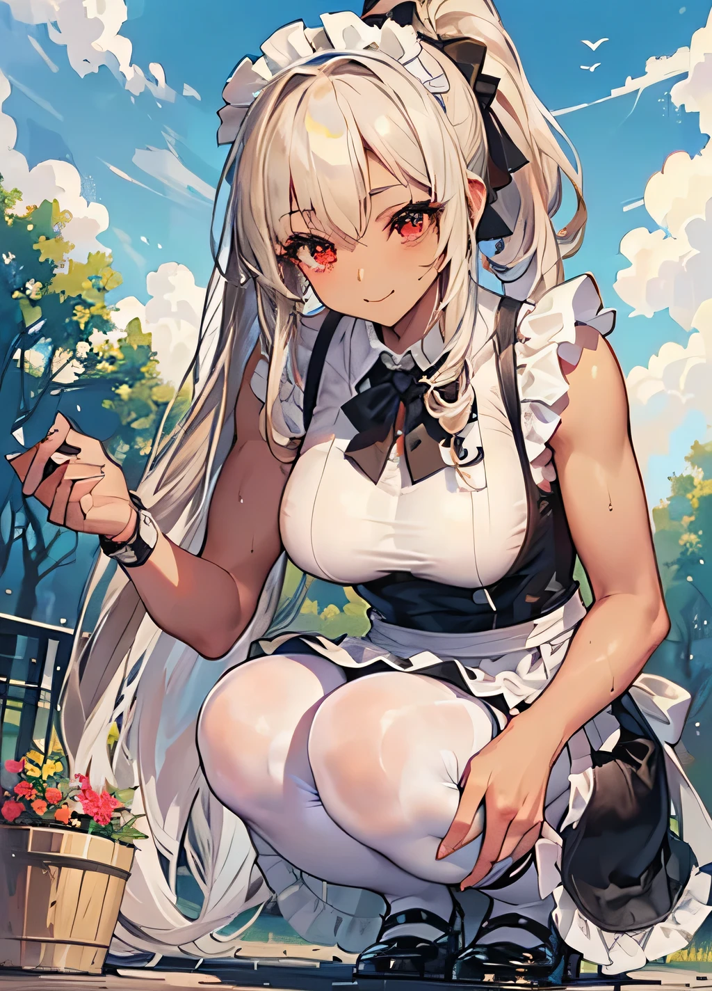 ((best quality, Masterpiece, perfect anatomy, Detailed pictures)), furry, 1 woman, arctic ferret, sexy, long white hair, ponytail, gray eyes, Shit shy, ferret tail, Maid outfit, red red, shy, in the cherry tree, wet, Chest 82, Waist 56, Thigh 83