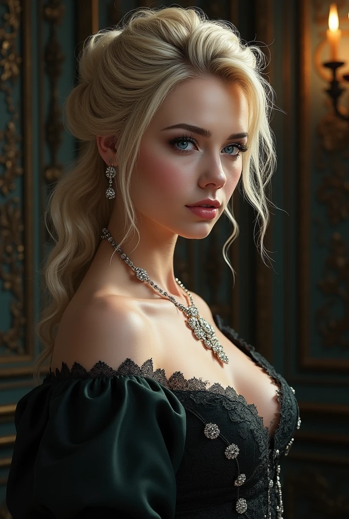 Beautiful and mysterious woman, a work of art of beauty, realistic and sharp focus, wearing sexy clothes. detailed Professionally retouched, soft lighting, realistic and smooth face, perfect green eyes, sharp focus on eyes, 8k, high definition, incredibly detailed, complex, elegant. in a French restaurant background at night, long blonde hair, striking face, expressive and crystalline green eyes, black floral tulle veil with gold embroidered edges draped over the shoulders, dress draped over the shoulders in bright red and gold floral satin, lace, detailed and intricate, draped black skirt, light fabric, with golden roses at the waist, night background. Full HD.