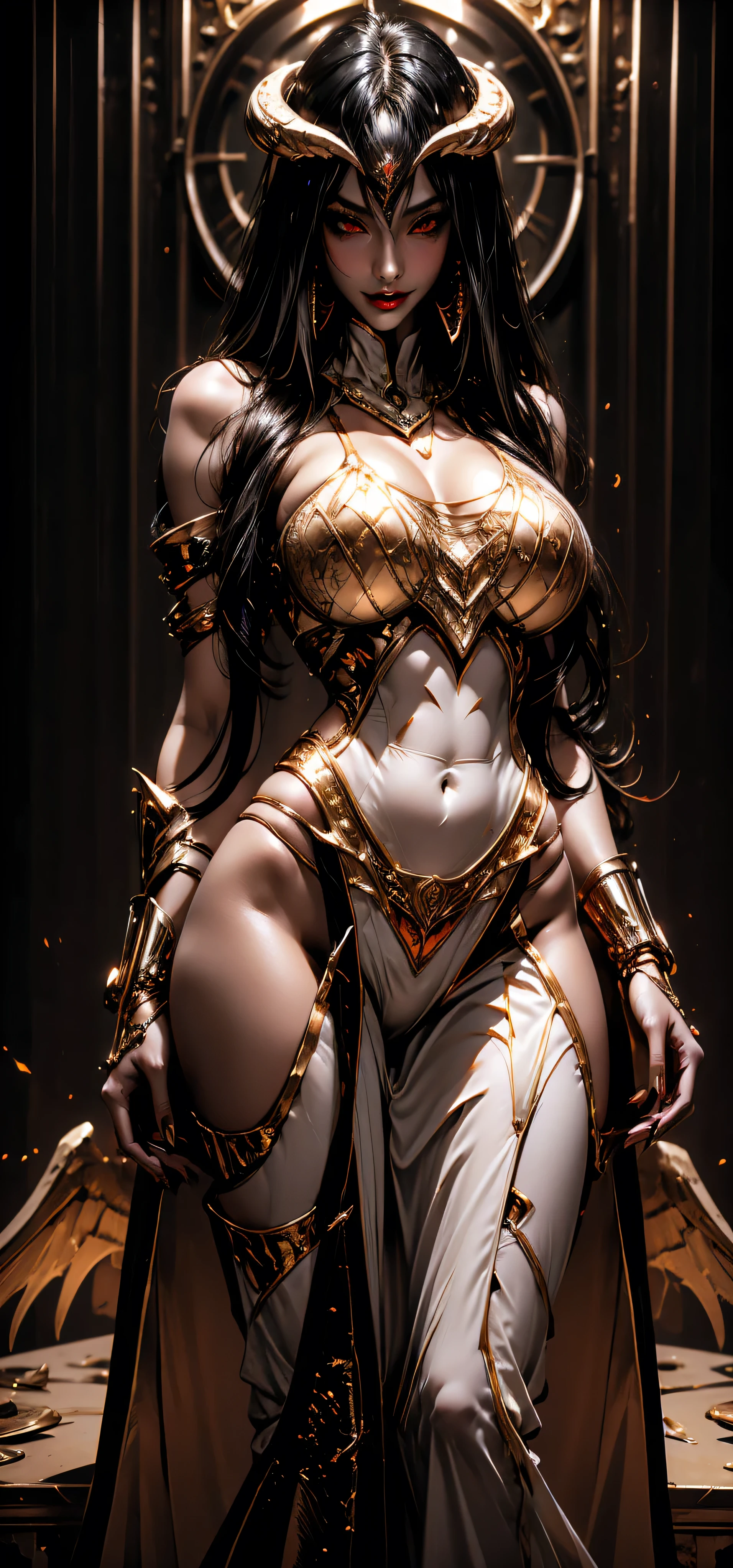1girl full body standing, nice ass, Hairstyle with a braid, white colored hair, yellow eyes, perfect lighting, muscular, thighs, Mature woman, mummy, bellybutton, abs, looks at the viewer (masterpiece, high quality: 1.1) smile, extremely huge breasts, Maternal, porcelain skin, extra very long hair, sparkly skin, good face, chest cover