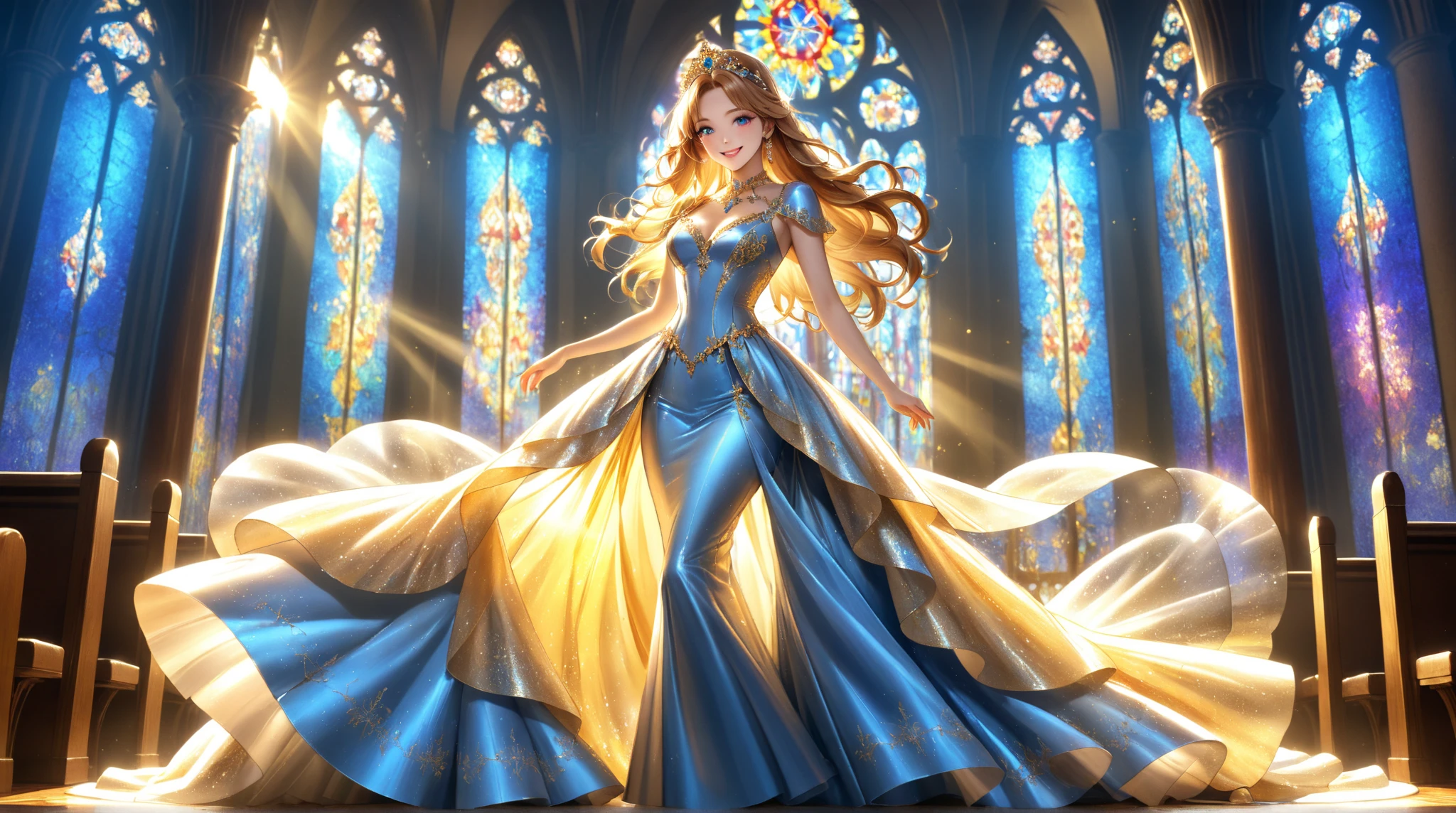 (masterpiece:1.2), (best quality), (detailed skin:1.2), (intricate details), (cinematic lighting), (sharp focus), highly detailed, high budget, epic, gorgeous, (finely detailed beautiful eyes, long blonde hair:1.2), 
1girl, dynamic angle, looking at viewer, wonderful woman, most beautiful, star of the night, glow, glowing, sparkle, sparkling, glitter,  <lora:wrenchrosettebloom:0.7> wrenchrosettebloom, full body,  <lora:mirrornun-noise:0.4> mirrornun, transparent veil, sacred church background