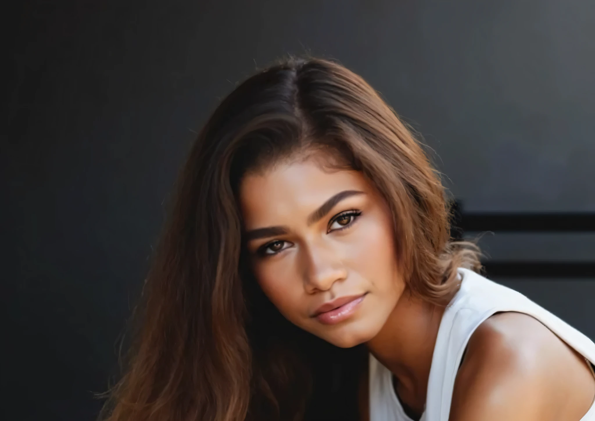 High res waist up portrait photo of a woman directly facing the camera with her hair in a high ponytail and eye-makeup featuring glittery eye-shadow and clear glossy lip-gloss. She is looking at the camera with a slight seductive look.