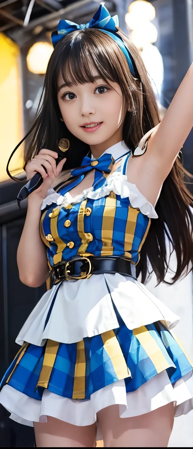  Pure Idol Girl 、A pure girl's face、 hypo、、fluorescent blue and gold checkered tight mini dress、、Candy Belt、