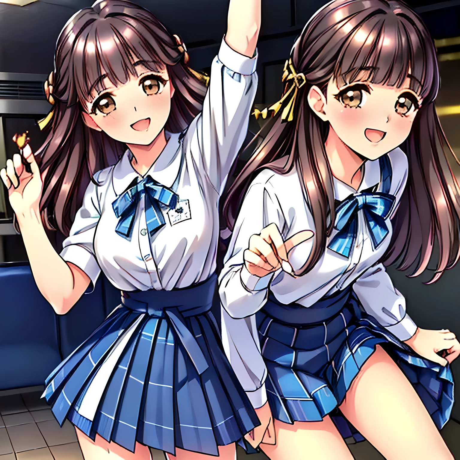 (highest quality, masterpiece:1.2), highest quality, High resolution, 1080p, 8K, solo, (Some yo beautiful pretty fashion model succubi are standing in a train, surrounding me, ((laughing at me)), (looking me up), most beloved girl in Japan, (intelligent and perfectly balanced slender style), feeling too funny, amazingly neat & clean, in peace and neat lovely strong charm, cutely tilted head, beautiful legs: 1.8), (Too noble beautiful lady like a love-story comic heroine), (laughing like watching a comedy), (showing a long lewd tongue), A very lovely, very noble, pretty and pure beautiful girls. ((Bursting out Laughing very elegantly)), ((white grown face)), Using expensive whitening cosmetics by cosmetics artist: 1.2), A white face that everyone loves, Glossy lips, (curled) bangs, (Too beautiful blue fascinating shiny (double-lidded) (brown eyes) with love to the viewer, ((deep upper girly eyelid)), laughing with detailed clearly: 1.5), (Sailor-style school uniform, (Neat smart (white school blouse))): 1.8), (A very neat, ((realistic), (fully tartan-checkered) pleated blue school skirt): 1.6), (too pretty shiny light-yellow realistic school ribbon): 1.5), (Shiny love-story heroine's lips, extremely laughing open mouth: 1.0), ((amazingly beautiful black hair: 1.5)), (Ribbon in (black hair), The ribbon is big and very pretty), (Tight waist, slender like a beautiful fashion model: 1.5), (The background is (plain black space with lovely heart stars) to emphasize her fascination: 1.8), (The lady knows well about the viewer's super fetishism for school uniforms, and satisfies it completely in the viewer's lewd dream: 1.7), (painting style, beautiful neat fascinating cute noble atmosphere in a high school only for beautiful ladies to learn how to be charming: 1.8), (early in the morning: 1.5), (Show your prettiest expression!!: 1.5)