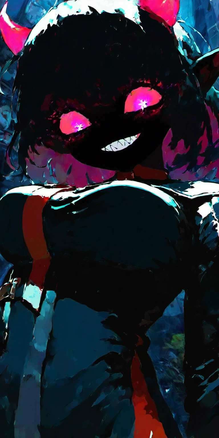 solo,1girl\(( ogre,red skin,horn),beautiful,Very well-defined face,red slit eyes, red sclera, overly detailed pupils,sharp teeth, long eyelash, contempt expression, disappointed, hate, looking down viewer\), (from below:0.5). BREAK .(very dark night:1.3),no light,apocalyptic cityscape\(shadowed\). BREAK .masterpiece, best quality, very aesthetic, high resolution, ultra-detailed, absurdres, newest, scenery, depth of field, high score, great score,