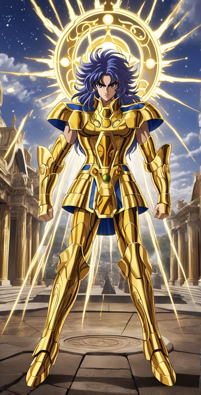 Masterpiece, Best Quality, Anime, Gold Saint, Gemini Saga, Full View, Gemini Zodiac Temple, Looking At Viewer, High Resolution, High Detailed, Saint Seiya Anime Style, Stunning Visual CG