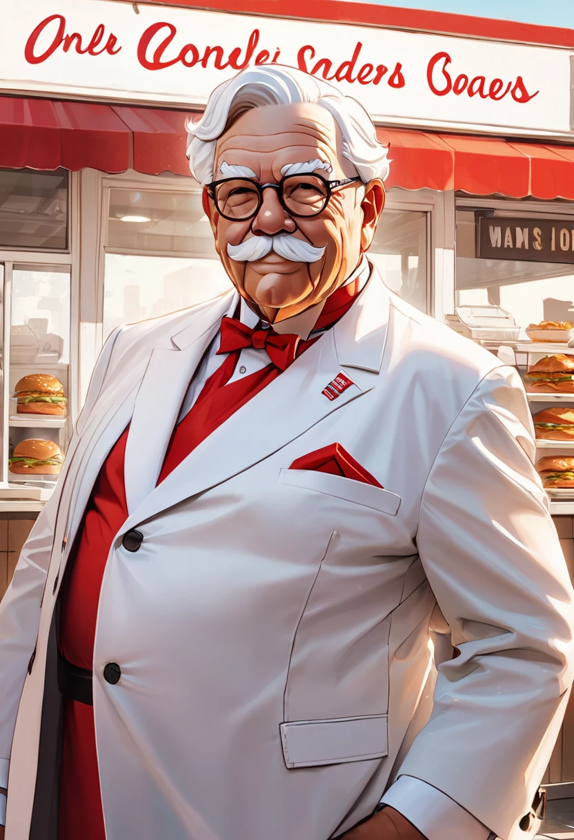 Colonel Sanders raid , Headlock a bad thug and forcibly thrust fried chicken into his mouth(( motion blur:1.8,  Background Blur))