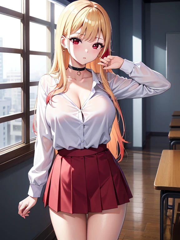 blonde girl, young, and blue eyes, with a red shirt unbuttoned at both ends and with the two central ones buttoned, wide and short skirt, without underwear and with her nipples marked on her shirt, It&#39;s at the door of a flat.