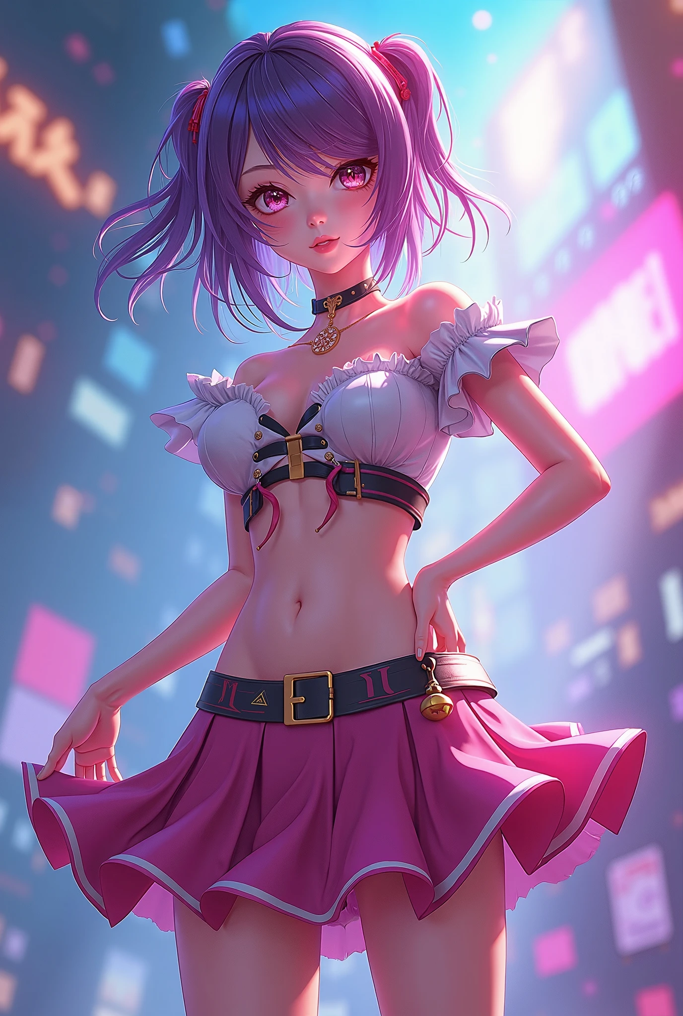1girl,net bikini jeans, ponytail ,pink hair, green eyes, magic circle, blue flames, wallpaper, landscape, blood, blood splatter, depth of field, night, light particles, light rays, sidelighting, thighs, fate \(series\), genshin impact, ****, skirt, thighhighs, 