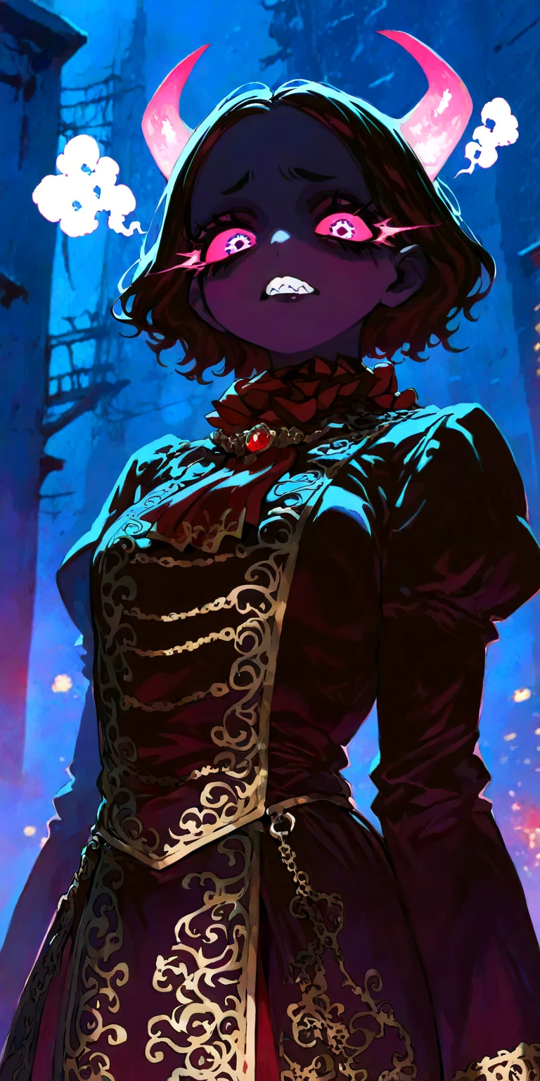 solo,1girl\(( ogre,red skin,horn),beautiful,Very well-defined face,red slit eyes, red sclera, overly detailed pupils,sharp teeth, long eyelash, contempt expression, disappointed, hate, looking down viewer,Aristocracy,noble clothes,\), (from below:0.5). BREAK .(very dark night:1.3),no light, (apocalyptic) cityscape\(shadowed\). BREAK .masterpiece, best quality, very aesthetic, high resolution, ultra-detailed, absurdres, newest, scenery, depth of field, high score, great score,