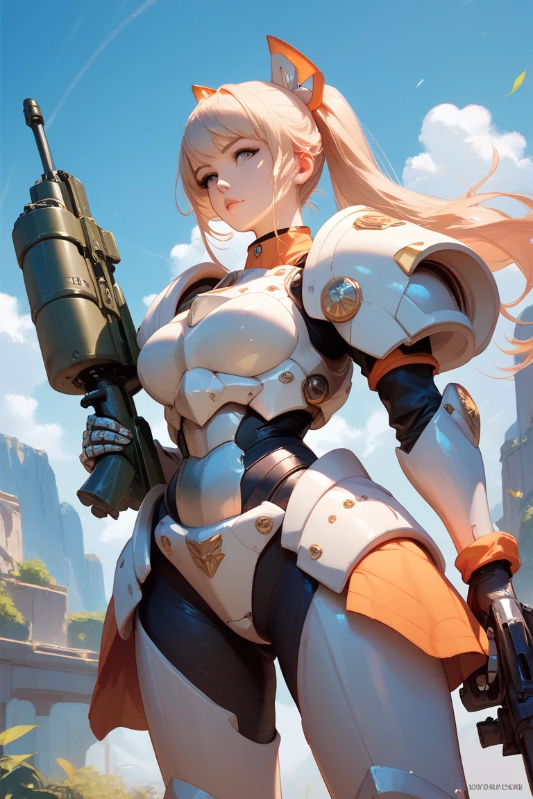 masterpiece, best quality, high quality, white SKIN elf, long hair, white hair, yellow eyes, full body, def_effie, blue breastplate, white skin, looking at viewer, shiny,armor, thighhighs, high boots,shoulder armor, faulds, poleyn, gloves, gauntlets