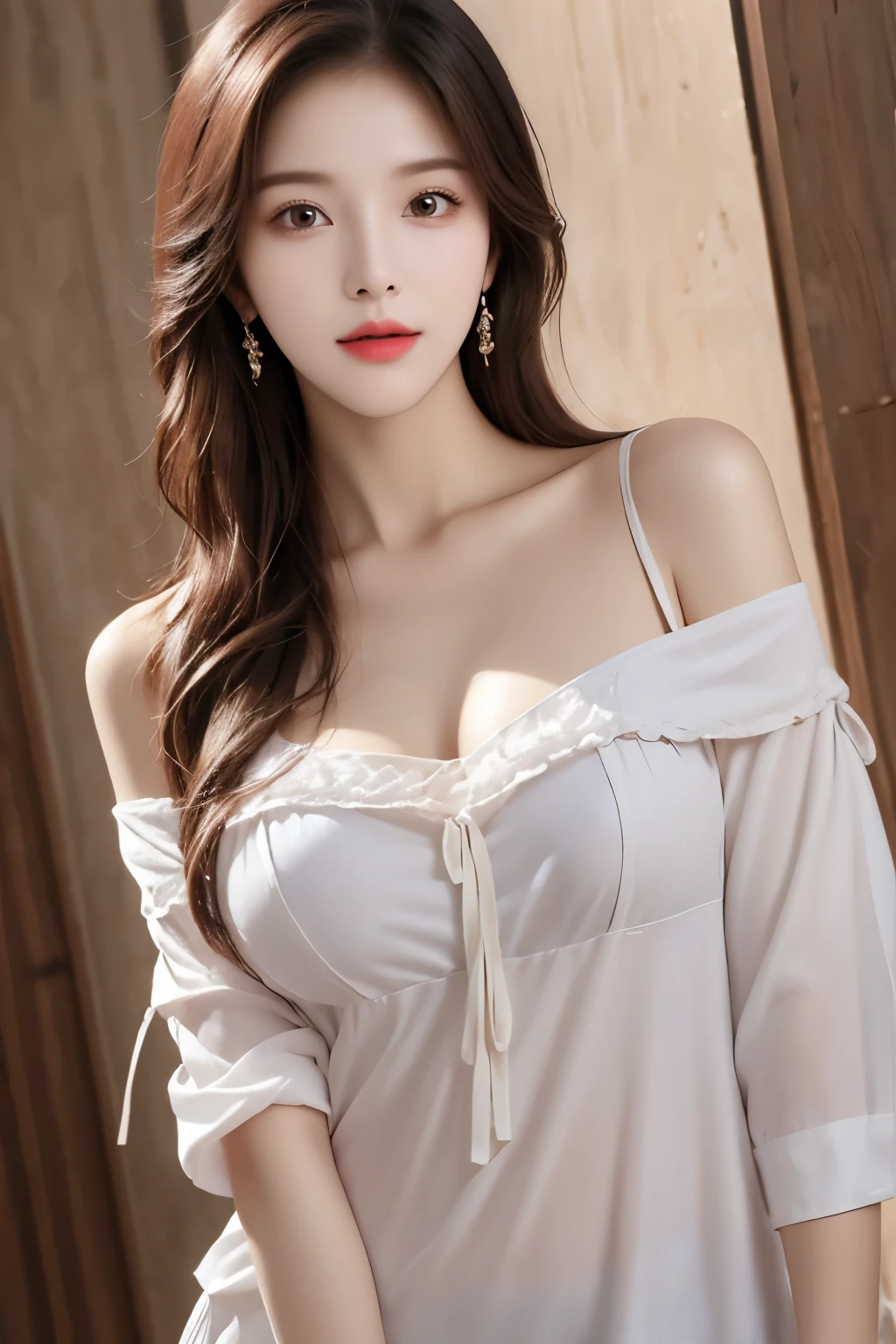 (8K, best quality, masterpiece, Very high:1.2) Photo of a beautiful Chinese girl, Beautiful and glamorous,There are also pictures of contemporary fashion., Looking at the audience, ((In bedroom background)), (1 famous person),(Black skirt), (White suspenders, Slightly exposed breasts.), ((Black short pencil skirt,Flesh color)), Sugar Ribbon, ((Put your hands down.)),Blonde Hair, Medium Length Hair, High angle view of a beautiful woman, Realistic skin texture, look up, Round chin, Art Lens 85mm, 1. 2, Clear focus, High resolution 8K, Crazy details, complicated, elegant, Large Breasts, dynamic gesture, Large Breasts,