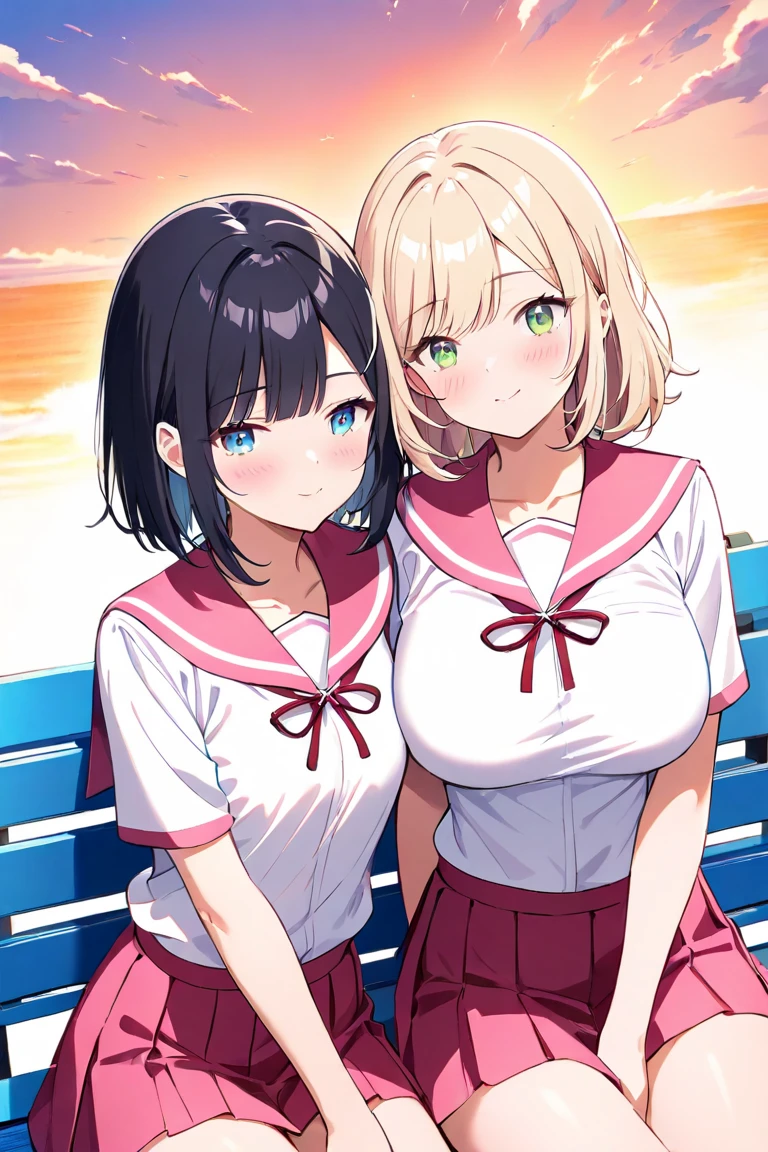 Two girls、( long hair、 blond hair、Big Breasts、 green eyes、Fleeting、A pair of ribbons on the left and right on the hair、Lean on your shoulders and close your eyes)、( short hair、 black hair、 small tits、 blue eyes、Rin々Shii)、Under the sunset sky、 blushes my cheeks、 bench、sit、 pale pink sailor suit wearing a hakama、 red miniskirt