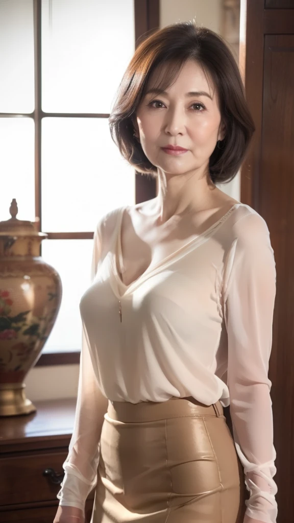   high definition,   high definition,    Attention to Details  ,  masterpiece,    anatomically accurate ,  sharp, (( Japanese,Mature Woman)),(80 years old:1.5),(old woman:1.5),(( facial wrinkles)), Long light brown hair , bangs,(((stand up,))), looking at the photographer,   looks straight ahead,( deep v-neck sheer blouse :1.3),(  tight skirt :1.1),Inside the warehouse,( Straight face:1.2), Middle-aged obesity ,(long slender face 1.2),(Ordinary housewife:1.3), 