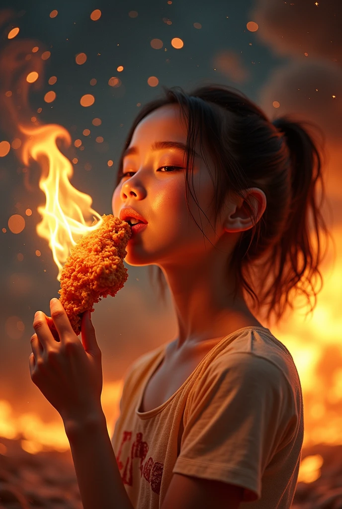 (masterpiece:1.2,Exceptional Quality,mirror-like,Cinematic Experience,Photorealistic:2.0,RAW Photos:2.0,Super detailed),8k,wallpaper, 
1 girl and spicy fried chicken, cute face, holding a half-eaten piece of fried chicken, breathing flames out of her mouth, flaming breath, lots of sweat, cosmic background, background of stars exploding in a big way,