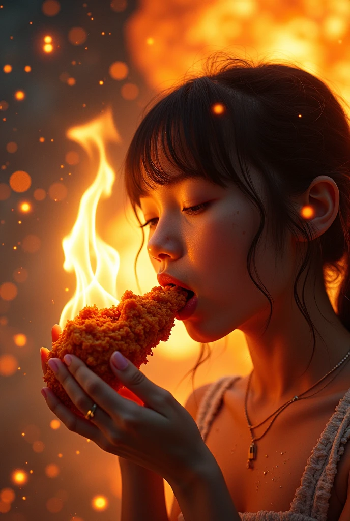 (masterpiece:1.2,Exceptional Quality,mirror-like,Cinematic Experience,Photorealistic:2.0,RAW Photos:2.0,Super detailed),8k,wallpaper, 
1 girl and spicy fried chicken, cute face, holding a half-eaten piece of fried chicken, breathing flames out of her mouth, flaming breath, lots of sweat, cosmic background, background of stars exploding in a big way,