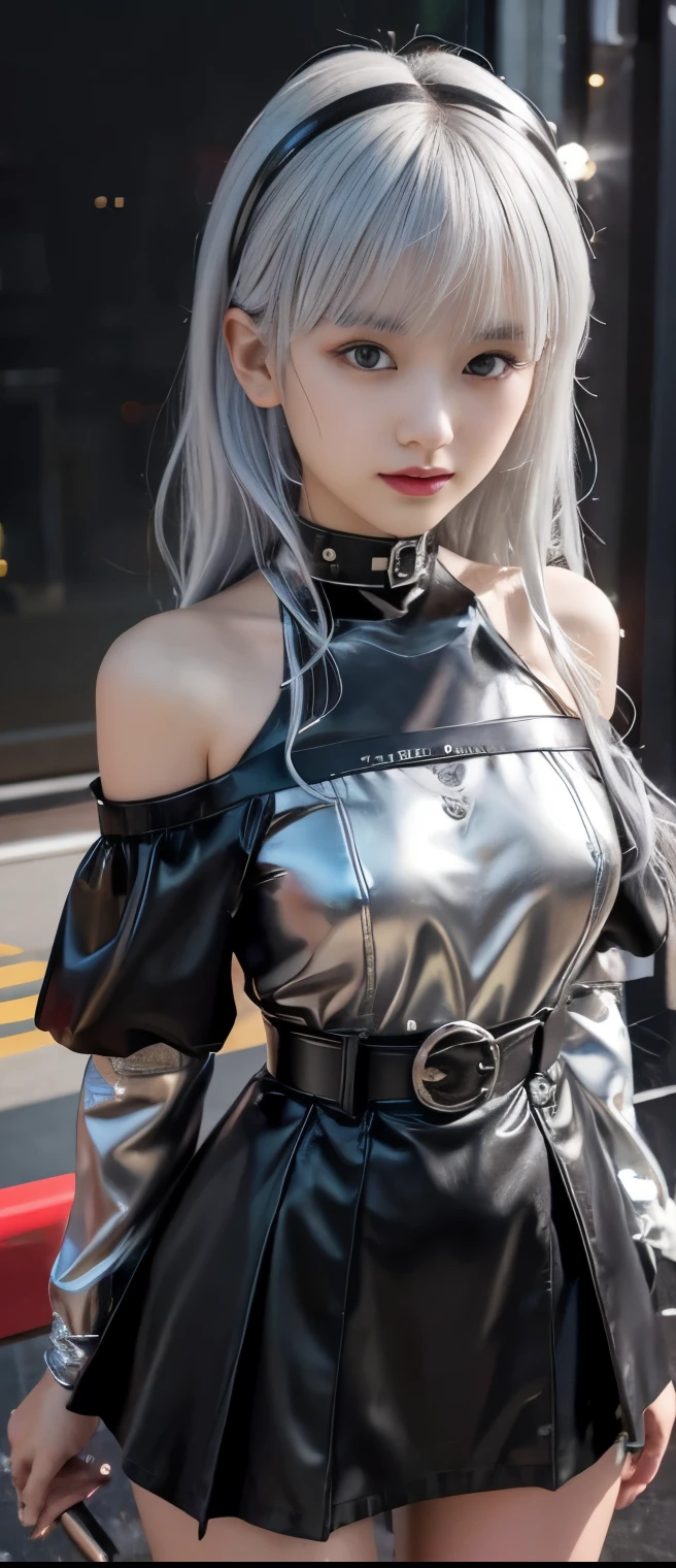 cool fancy idol girl( silver hair)、A pure girl's face、 hypo、metal black tight mini dress( off shoulder )、、Iron Belt、、 Glowing Gravity Hammer 、
