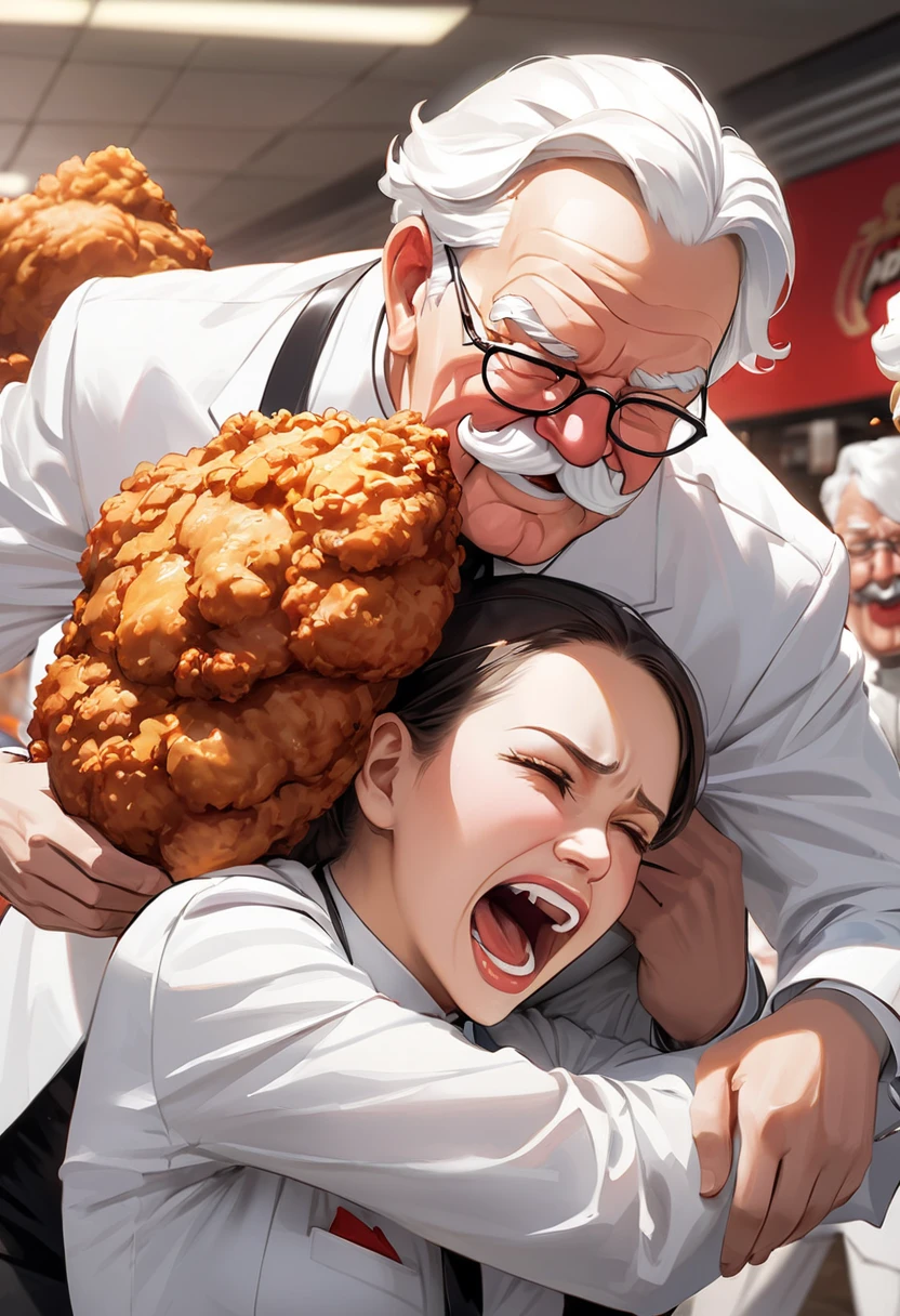 Colonel Sanders raid , Headlock a bad thug and forcibly thrust fried chicken into his mouth(( motion blur:1.8,  Background Blur))
