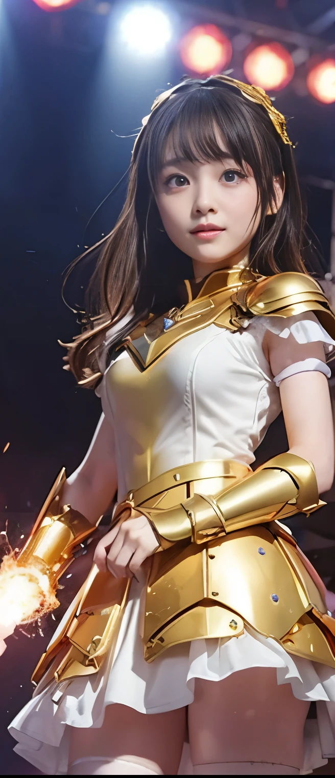 Pure Idol Girl 、A pure girl's face、 hypo、、 Gold Checker Armor Mini Dress、、Glowing Spark Sword