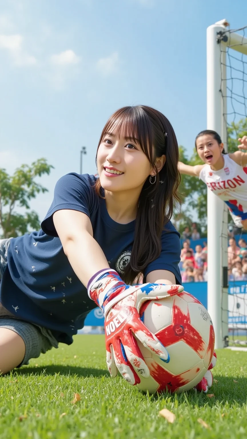 Stuffing takoyaki into my mouth、While huffing、A woman who resembles Shizuka Ishibashi chasing a soccer ball