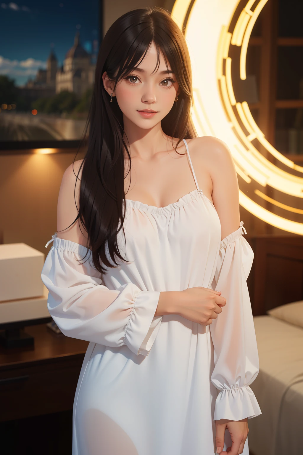 (best quality), (masterpiece), (Ultra-high resolution), (Clear face), (Reality: 1.4), (perfect lighting),(photorealistic:1.30), anime wallpaper, Guviz style artwork , fantasy cover up to magic , by Yang J, Guviz, beautiful artwork illustration, beautiful digital artwork, beautiful digital illustration, Li Song, beautiful anime portrait, art style at Beauvot,illustration, ethereal and beautiful, highly detailed, CG, unity, 8k wallpaper, Amazing, fine detail, official art, highly detailed CG unity 8k wallpaper,absurd, extremely absurd, large file size, highly detailed , high resolution, very detailed,beautiful girl with details, very detailed eyes and face, beautiful detailed eyes,light on the face,cinematic lighting, 1girl, solo, long hair, black hair, (Night gown:1.5), Long sleeve, Oversized clothes, full body, standing, Arms behind the back, Slim waist, narrow waist, medium breast:1.3, smile,