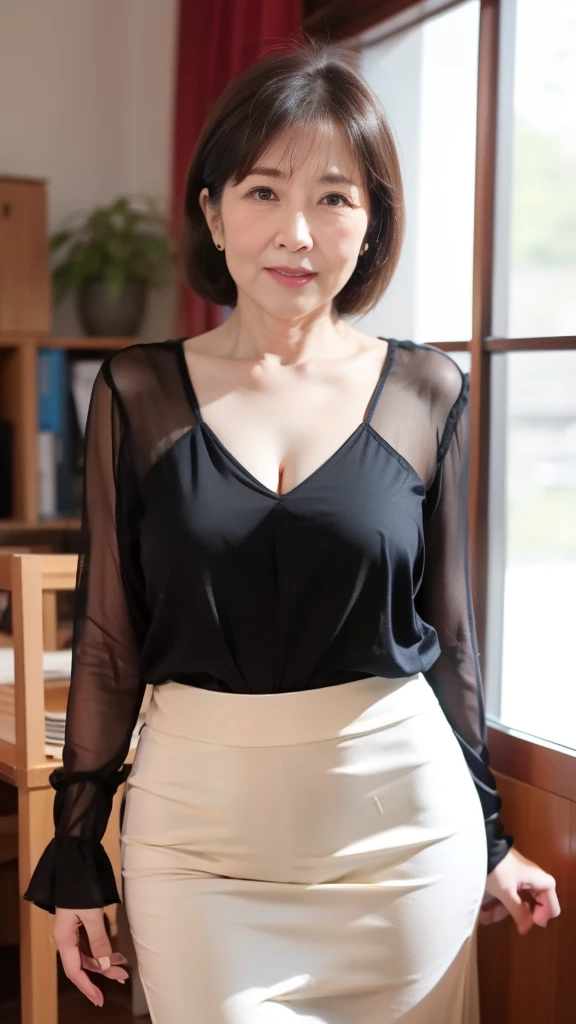 Highest quality、masterpiece、8k、Very detailed、Realistic、One girl、Looking at me with a smile、Black Hair、Short Hair、Small face、Slender、Big Breasts、Thin and beautiful legs、narrow and constricted waist,、(A tight-fitting shirt with an open center:1.2)、Tight Skirt、Dressed like a female teacher、(Erect nipples:1.2)、(Only the middle button of the shirt is undone)