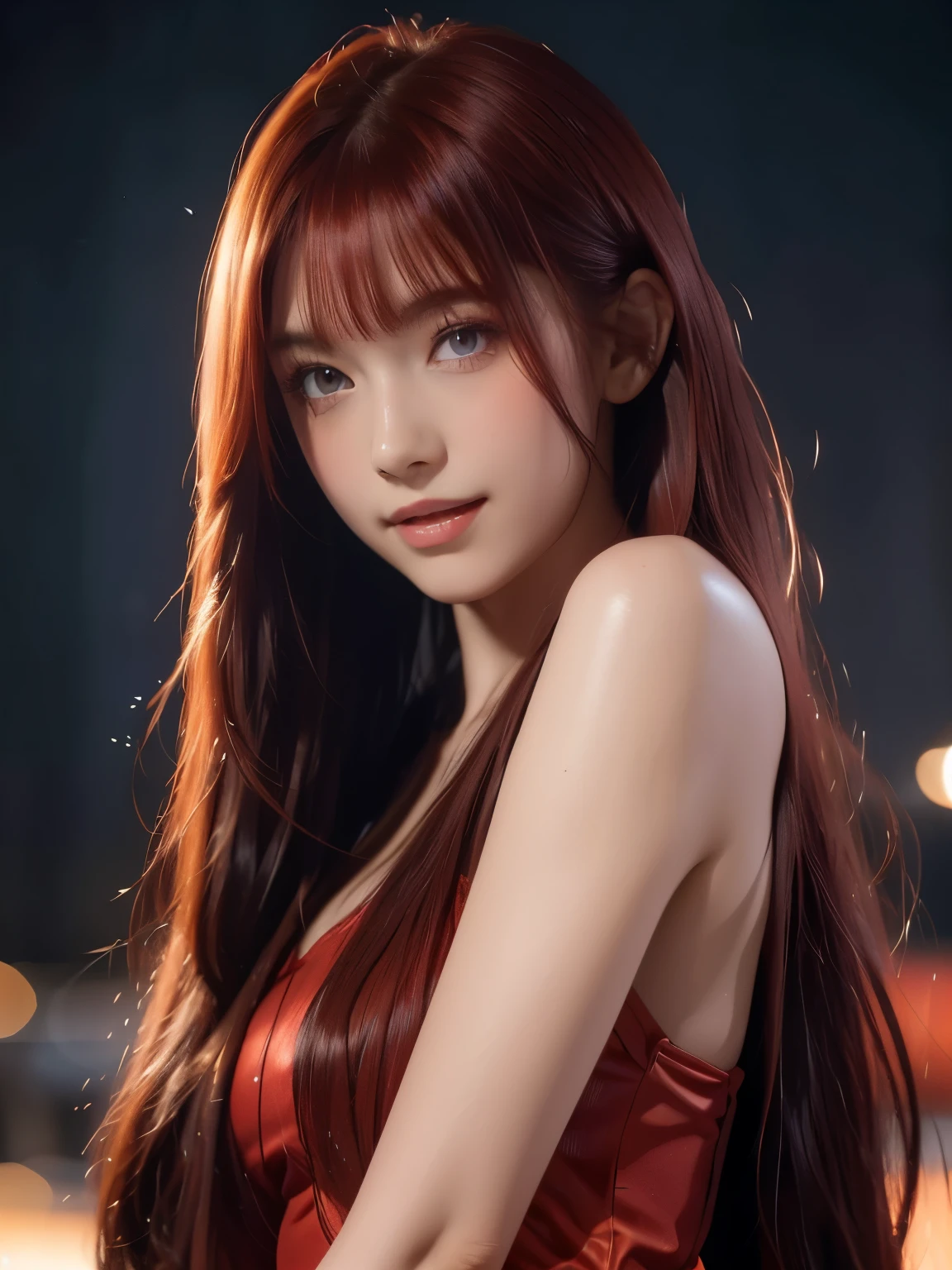 red hair, blunt bangs, bangs, long hair, hair spread out, straight hair, shiny hair, glowing eyes, longeyelashes, amber eyes, makeup, evil smile, blush, fangs, Surrealism, chiaroscuro, cinematic lighting, silhouette, drop shadow, UHD, masterpiece, anatomically correct, super detail, highres, best quality