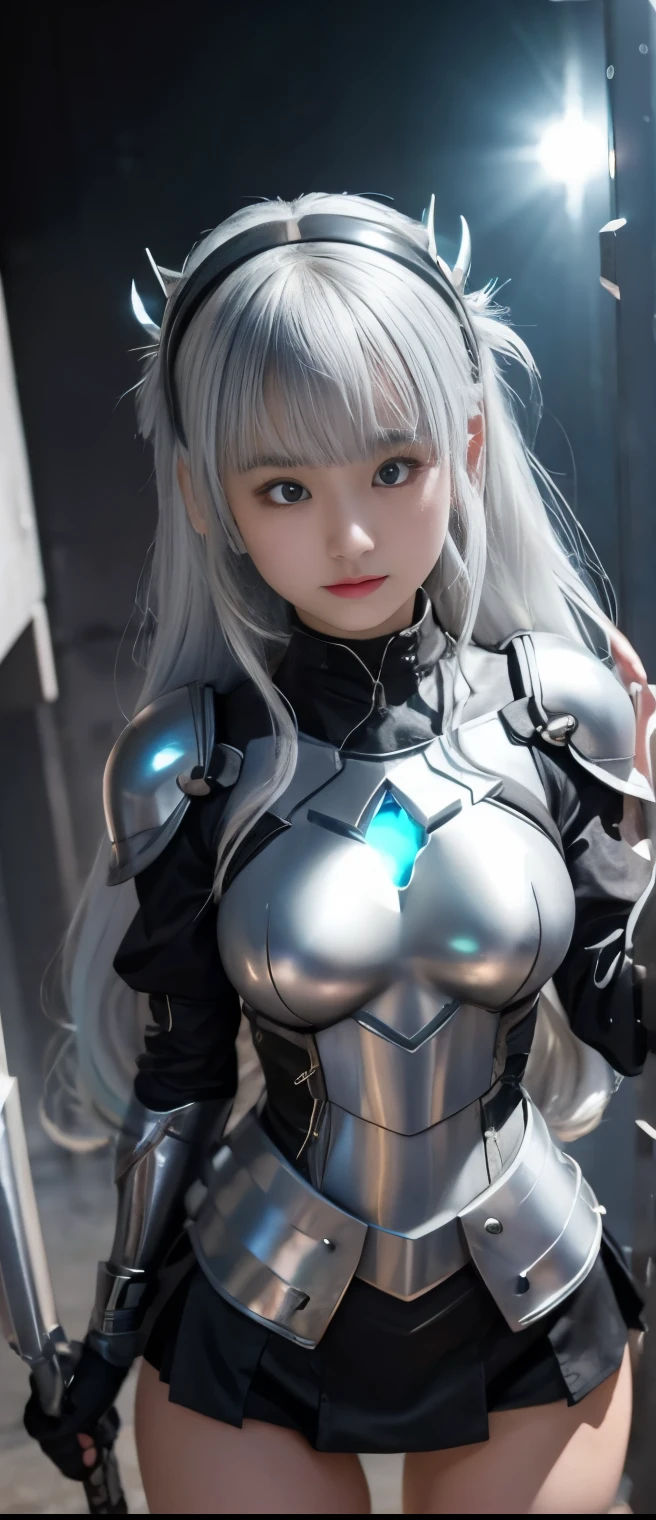 Cool Fancy Idol Girl( silver hair)、A pure girl's face、 hypo、Black Armor Tight Mini Dress、、、、 Glowing Gravity Hammer 、