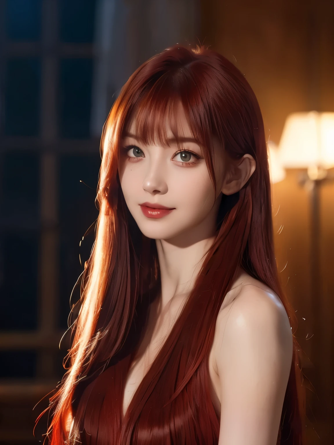 red hair, blunt bangs, bangs, long hair, hair spread out, straight hair, shiny hair, glowing eyes, longeyelashes, amber eyes, makeup, evil smile, blush, fangs, Surrealism, chiaroscuro, cinematic lighting, silhouette, drop shadow, UHD, masterpiece, anatomically correct, super detail, highres, best quality