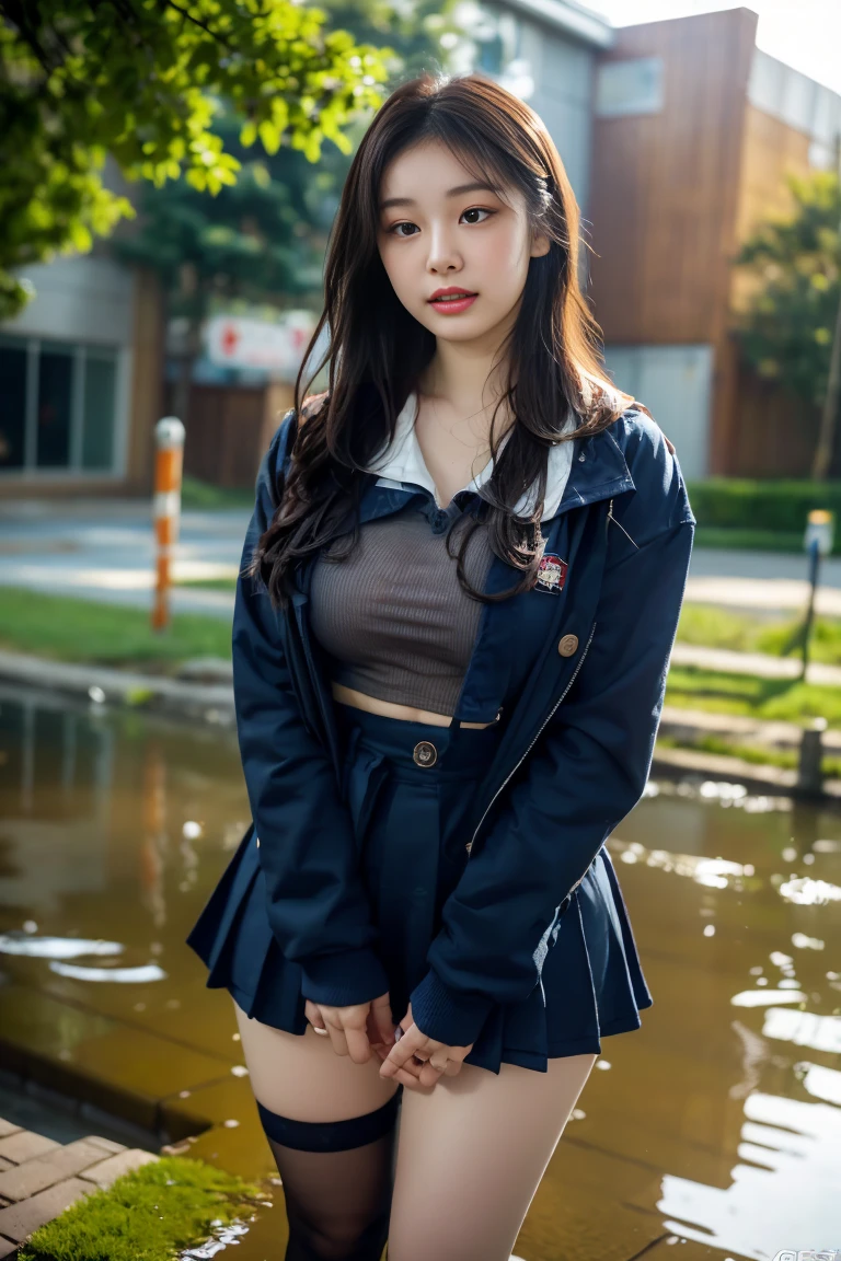 Ulzzang-6500-v1.1, (OriginalPhotographs:1.2), (Lifelike:1.4), Beautiful detailed girl, Very detailed eyes and face, Beautiful breakdown, absurdities, Incredibly ridiculous, hugefilesize, ultra - detailed, high-definition, very detailled, best qulaity, The Masterpiece, kemomimi, ((Japan Girls' High School Junior High School Uniform)), illustration, very detailled, CG, unified, 8k壁紙, That's great, finely detailled, The Masterpiece, best possible quality, Highly detailed CG uniform 8k wallpaper, light on face, Cinematic Lights, 16 year old girl, ((No panties)),((Put your hands behind your back)), ((dynamicpose))), (Camel toe), (halfway), (thigh socks), ((Sitting by the pool)),((C cup)), 18 Prohibition, eros,