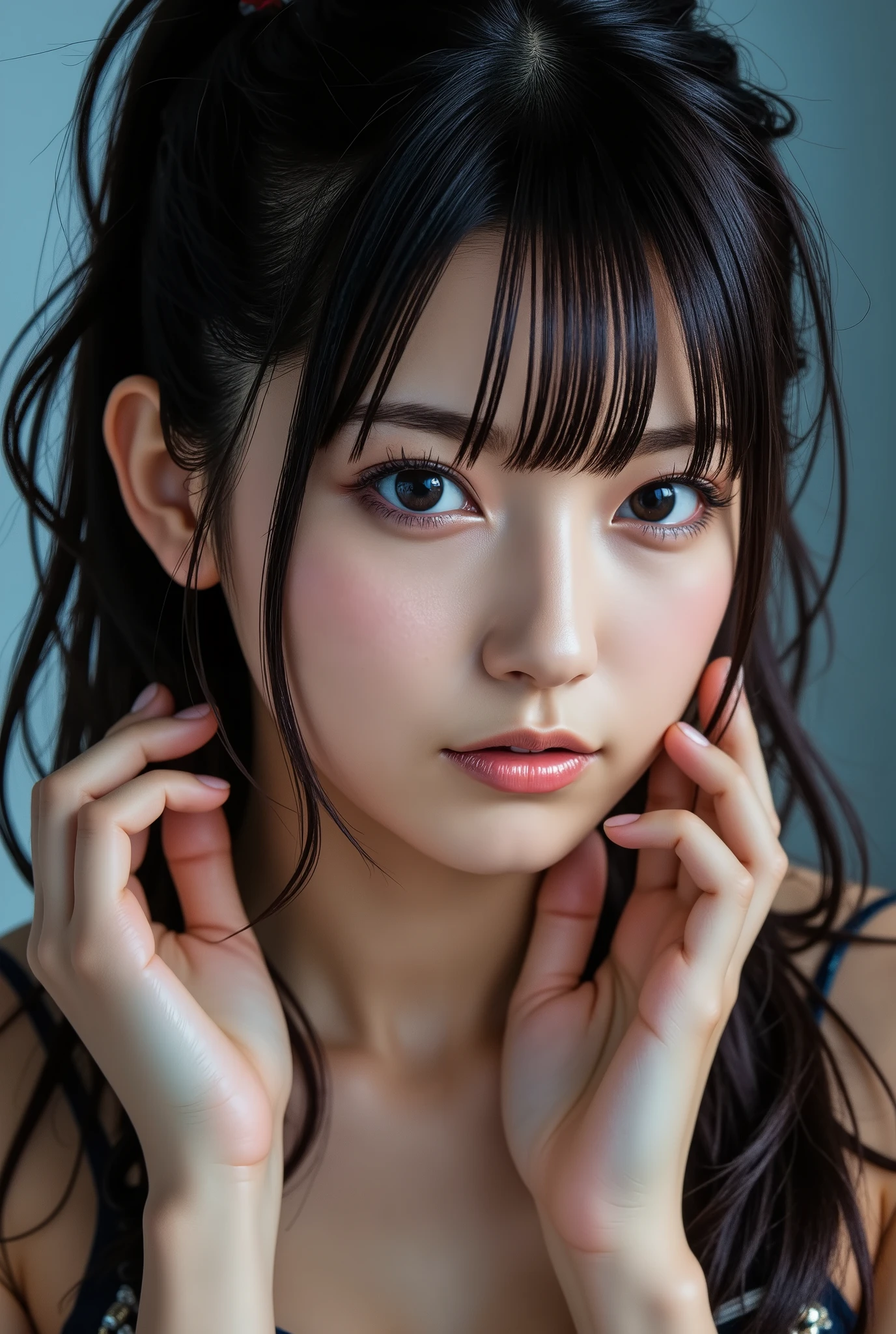( super high resolution, super high resolution, detailed texture , fine, high quality shadows , Realistic facial expression, beautiful detailed ), ( advanced detailed skin, Skin Details), ( BEAUTIFUL REALISTIC PERFECT HANDS AND FINGERS :1.2), ( detailed face, fine eyes , beautiful face 1.2), (RAW PHOTO PORTRAIT :1.2), (( top quality, 4K, masterpiece, super high resolution)), ( sharp concentration, PROFESSIONAL CINEMA LIGHTING SHOTS ON THE FACE :1.2),same, wet skin on the wall, ,shiny肌 LATEX shiny