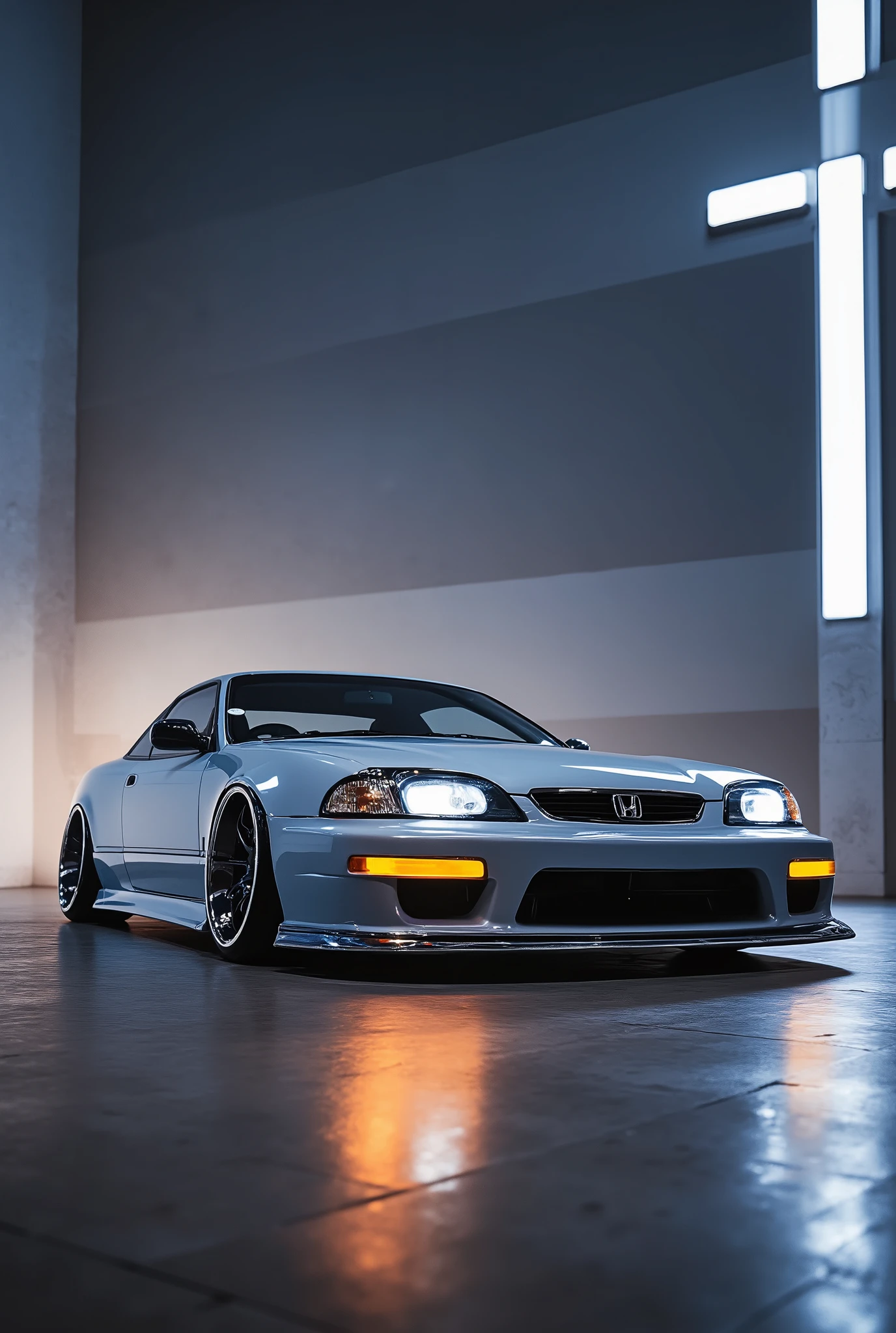 a poster with the inscription "Drive your dream, not just a car!". 1998 Honda Civic VI coupe in silver color. A super realistic photo in the style of high fashion. Atelier. Studio light. Unusual shooting angle. Elements of surrealism and cyber futurism. High resolution, hyperrealism., high detail, high detail, Conceptual art, Futurism, Hyperrealism, sparkle, reflection light, optical illusion, anaglyph, pov, Eye-Level Shot, f/16, 85mm, Fujifilm, UHD, 16k, award winning, highres
