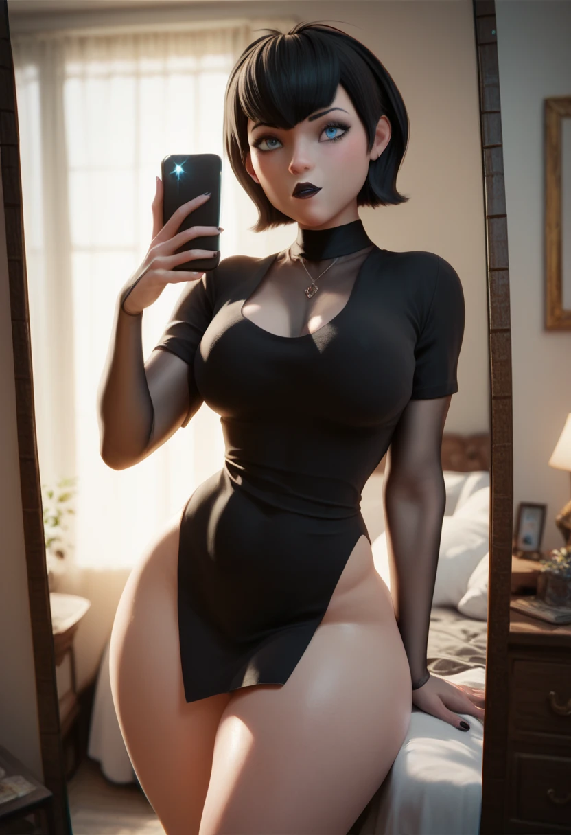 asura, personal_ami
1girl, fair skin, pale skin, smug face, selfie, black lipstick, gloss lips, sexy figure, sportive, big breasts, green eyes, black nails, freckles, beauty marks, fishnet stockings, black spiked choker, chain on neck, model pose, standing, black oversized sweater, sweater, broken heart printed on sweater, fishnet gloves, makeup, purple eyeshadow, short hair, one eye covered with hair, bang, straight hair, brows piercing,
wooden interior, dark room, ager room, messy room, in front of mirror, no sun, no windows, leds, dark interior, indoors, realistic, detailer, aesthetic