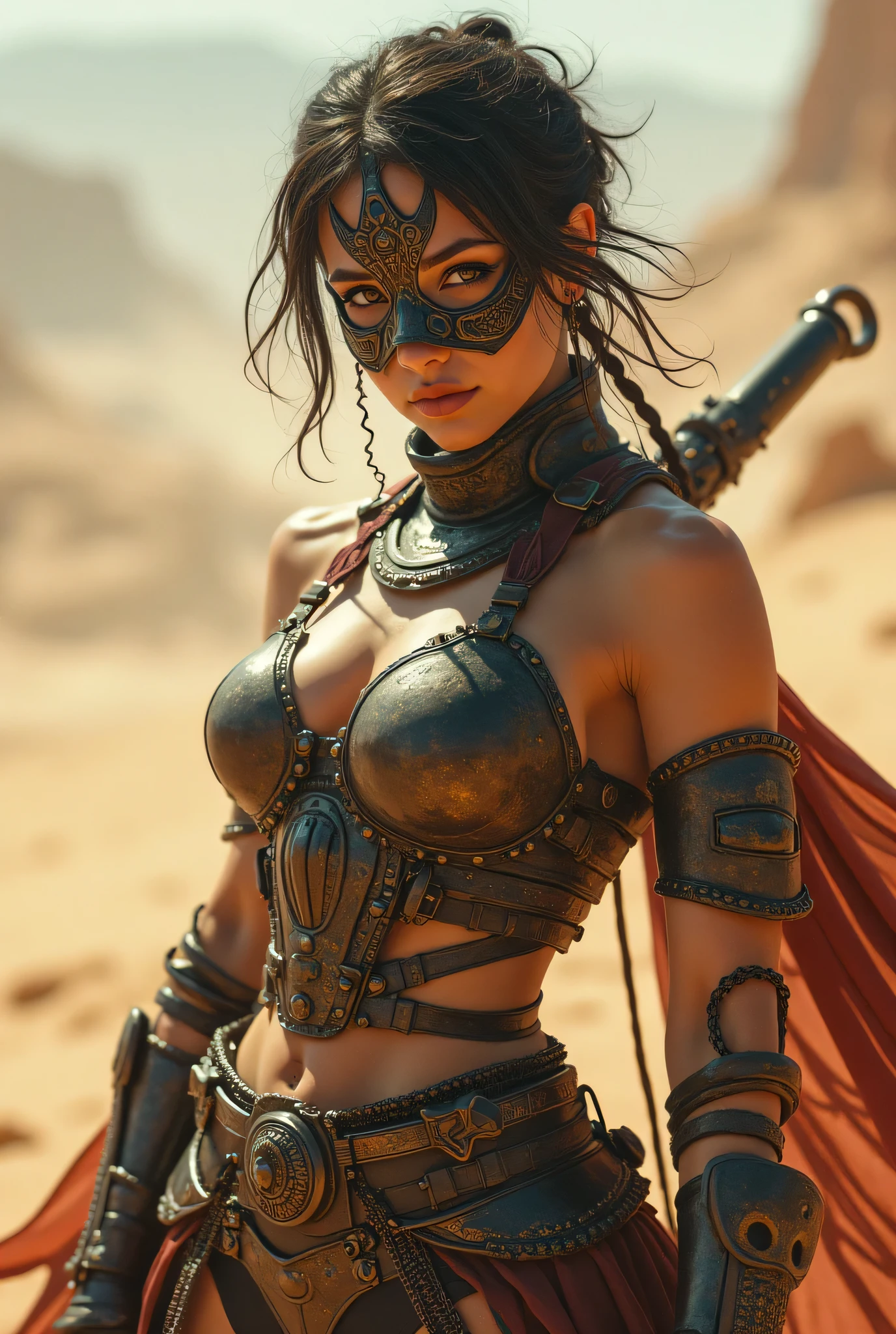 (8k, Top Quality Conversation , masterpiece), ( exists , photo exists : 1.37), very detailed, one girl to rainbow , { Grid girl holding a shotgun }, Wide angle , big breasts shaking at night , Very delicate depiction , armor made with miniature paint , short braided hair , correct skeleton 、 short braided hair , Braid Chain , A combination of 、 dreamy ,Super existent mixed fantasy world , exists elements and fantastic elements in a gun with a complicated pattern ( 渦巻く砂漠の砂 :1)、 Get ready to fight with a shotgun 、 complicated , Wearing an Elaborate Iron Mask 、 facing the camera