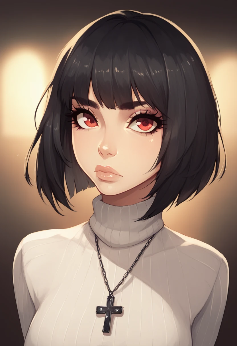 score_9, score_8_up, score_7_up, score_6_up, gthan, 1girl, solo, short hair, black hair, jewelry, looking at viewer, necklace, cross, portrait, bangs, red eyes, closed mouth, turtleneck, blurry background, cross necklace, lips, piercing, blurry, bob cut, eyelashes,