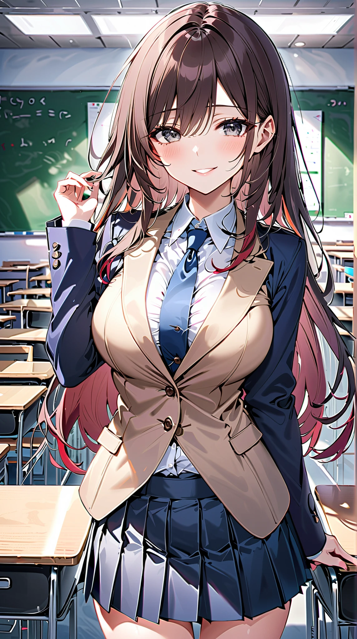 Anime girl, ((best quality)), ((masterpiece)), (detailed), perfect face, JK, School girl, , classroom, blush, yellow eyes, pink hair, white shirt, skirt, breast