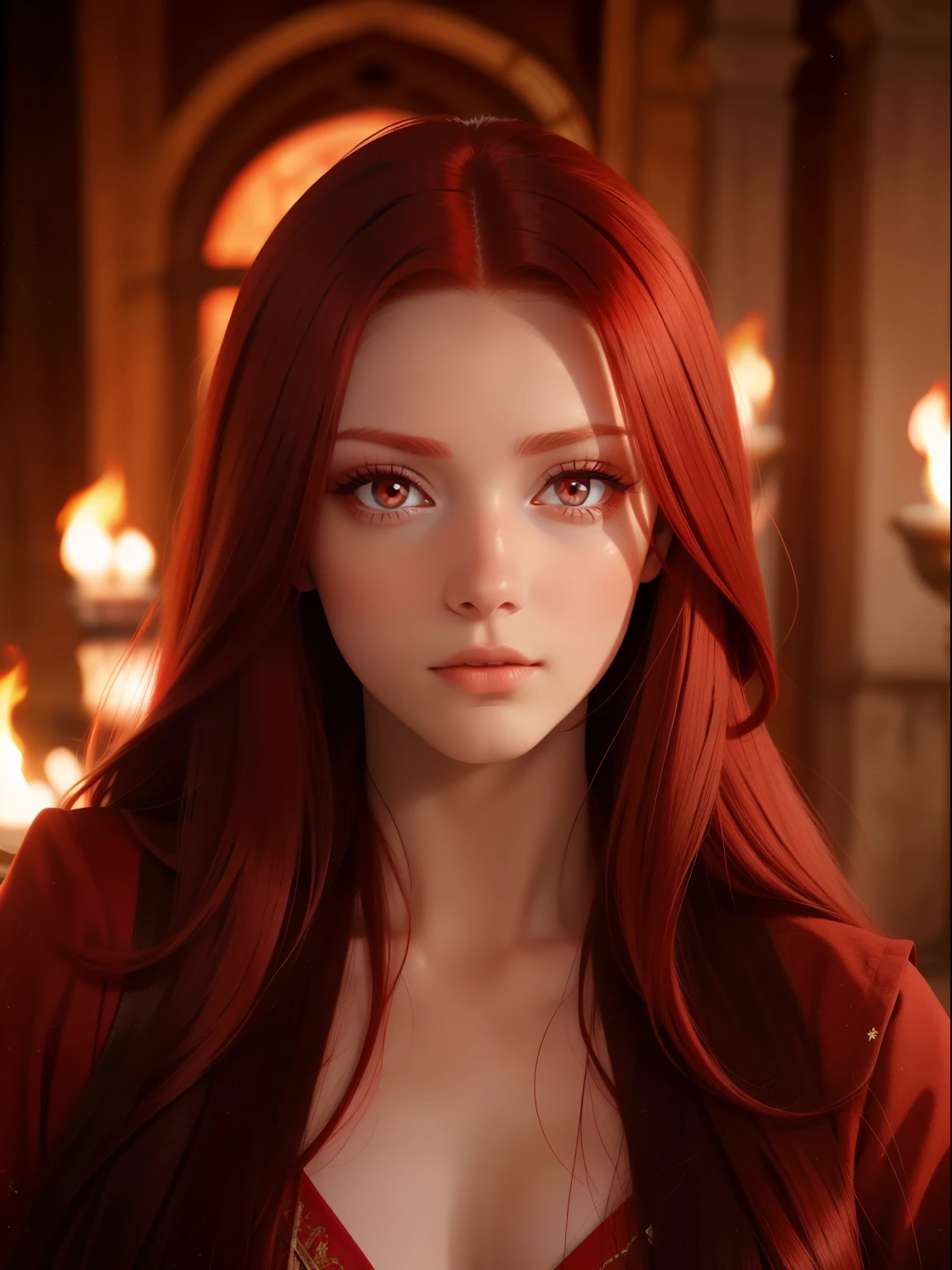 Red hair,Red pupils,girl,Ancient costume,Beauty,Exquisite facial features,exquisite,long hair,beauty,A flame mark on the forehead,fair skin,Reddish eyeshadow for eyes