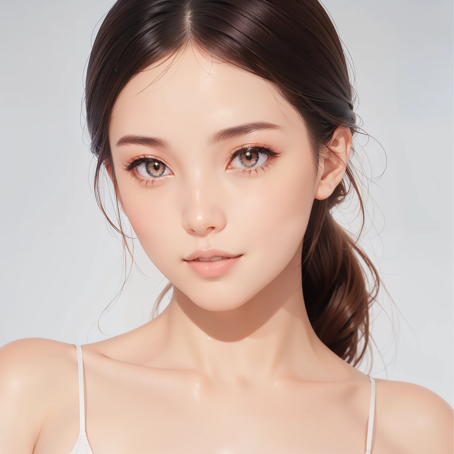 Featuring confident and radiant women、Generate AI Art Inspired by Korean Cosmetics Advertising。Displayed up to chest level、Her perfect skin、Lively makeup、Focus on fashionable hairstyles、Capturing the essence of K-beauty。Isolated on natural white background、Reflecting beauty and fashion trends、Alafed Asian Woman, Look at me diagonally、photoshoot for skincare brand, milky skin, shiny soft skin, clean face and body skin, wlop glossy skin, fanart, eora, Foamy skin, beauty campaign, Official Product Pictures, portrait shot, yangjun chen, Beautiful face in white tones, Ethereal skin