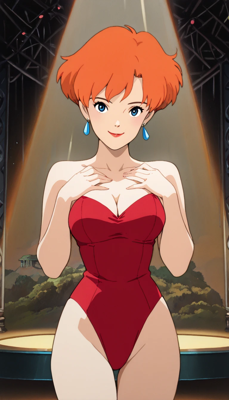 score_9, score_8_up, score_8, source_anime, retro anime style, 1girl, intricate high detailed body, loli_face, red hair, short hair, messy twin bun, green eyes, slender, medium breasts, neckwear, highleg leotard, navel cutout, fur coat, jewelry, accessories, happy smile, contrapposto, hand on hip, cowboy shot, indoors, castle