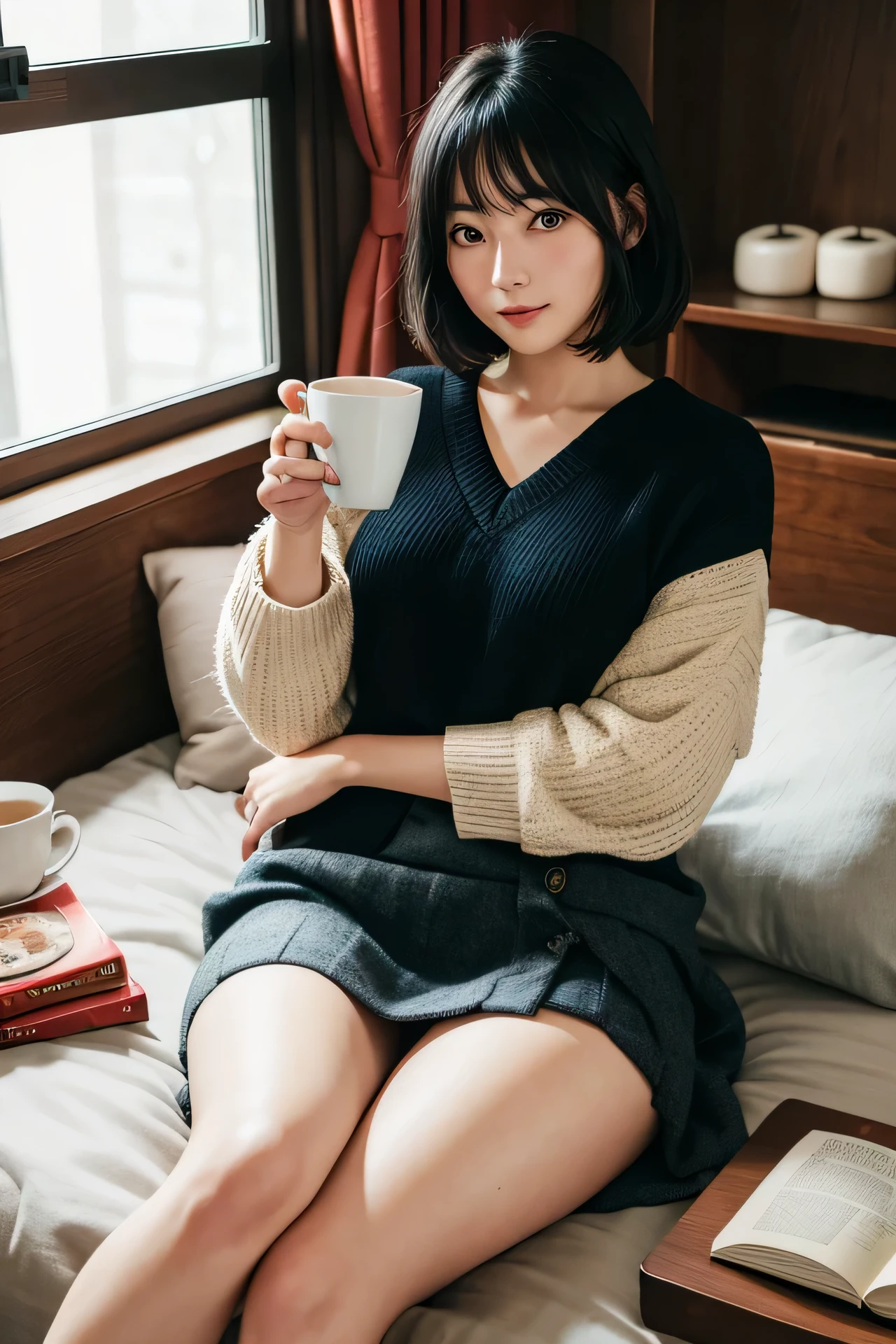 (High Definition),One Girl, Japan Person, Cute, Black Hair Short, cable Knit Drop Sweater Navy blue, pull down Plaid Print Flare Tweed Skirt A-line, lie down at side with cushions on bed, spread legs, looking side glance, Drink a cup of tea, Natural light:,