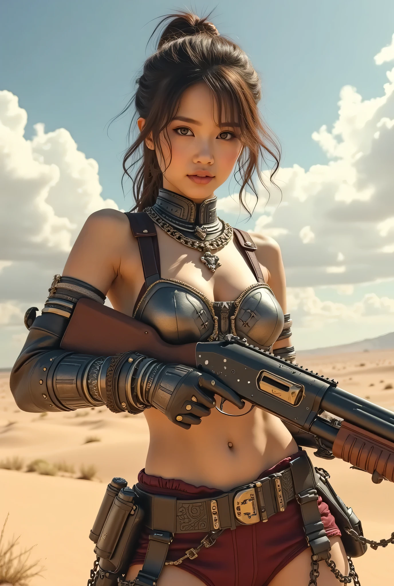 (8k, Top Quality Conversation , masterpiece), ( exists , photo exists : 1.37), very detailed, one girl to rainbow , { Grid girl holding a shotgun }, Wide angle , big breasts shaking at night , Very delicate depiction , armor made with miniature paint , short braided hair , correct skeleton 、 short braided hair , Braid Chain , A combination of 、 dreamy ,Super existent mixed fantasy world , exists elements and fantastic elements in a gun with a complicated pattern ( 渦巻く砂漠の砂 :1)、 Get ready to fight with a shotgun 、 complicated , Wearing an Elaborate Iron Mask 、 facing the camera