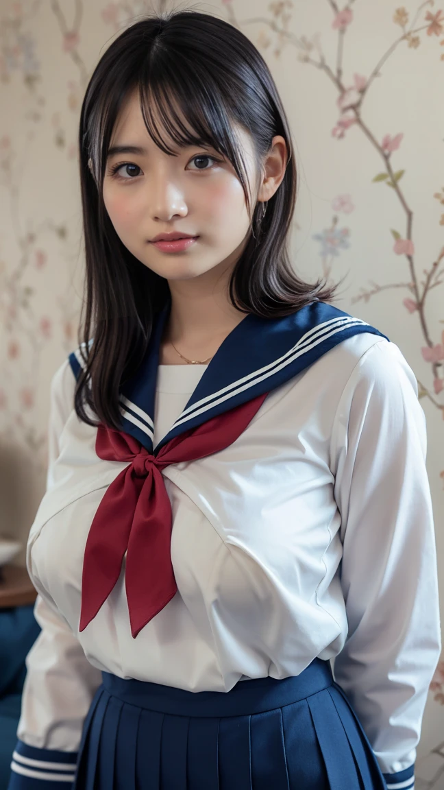 (Highest quality,masterpiece:1.3,Ultra-high resolution),(Very detailed、Caustics) (Realistic:1.4, RAW shooting、)Ultra-Realistic Capture、Very detailed、Natural skin texture、masterpiece、(Japanese girl wearing junior high school sailor uniform:1.3)、Adorable expression、Expressions of happiness、、Young Face、Amazingly cute、Twin tails、Curly Hair、Black Hair、Scrunchie、necklace、Bare arms、light makeup、A cup breasts、Shining Breasts、Shining thighs、Filmed in a private room at a sex shop、The scene when he entered the room、A pose that emphasizes the chest、smile、An inviting gaze、Full body photo、Anatomically correct、Attention to detail、