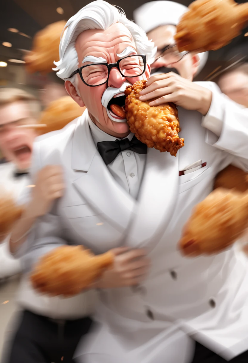 Colonel Sanders raid , Headlock a bad thug and forcibly thrust fried chicken into his mouth(( motion blur:1.8,  Background Blur))
