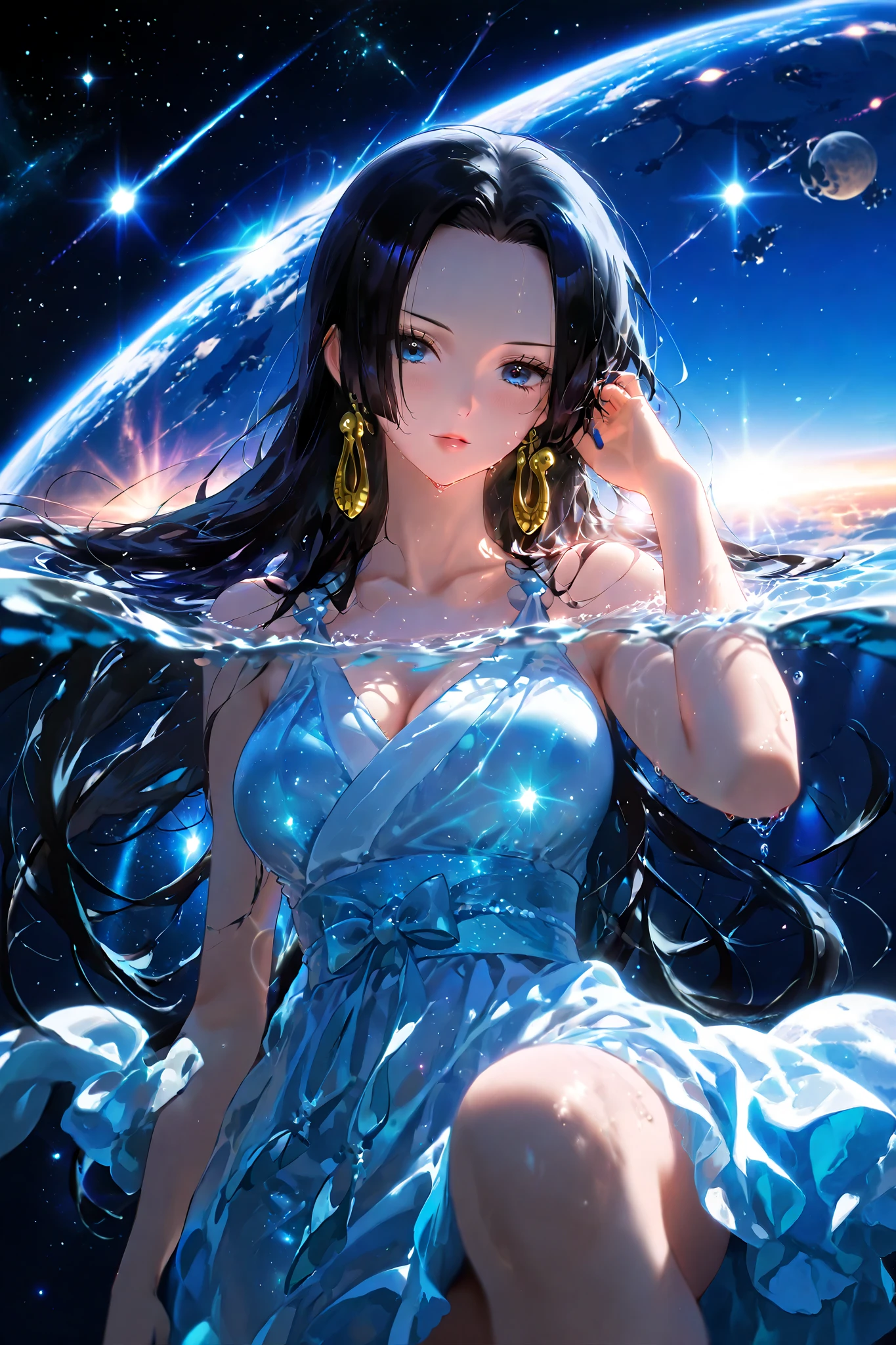 Boa hancock,blue eyes,black hair, in water, space background, swimming dress,(beautifuls piernas)(beautiful)( From below)(Japanese clothing), beautiful eyes, symmetrical face, planets around her, sky view, stars,