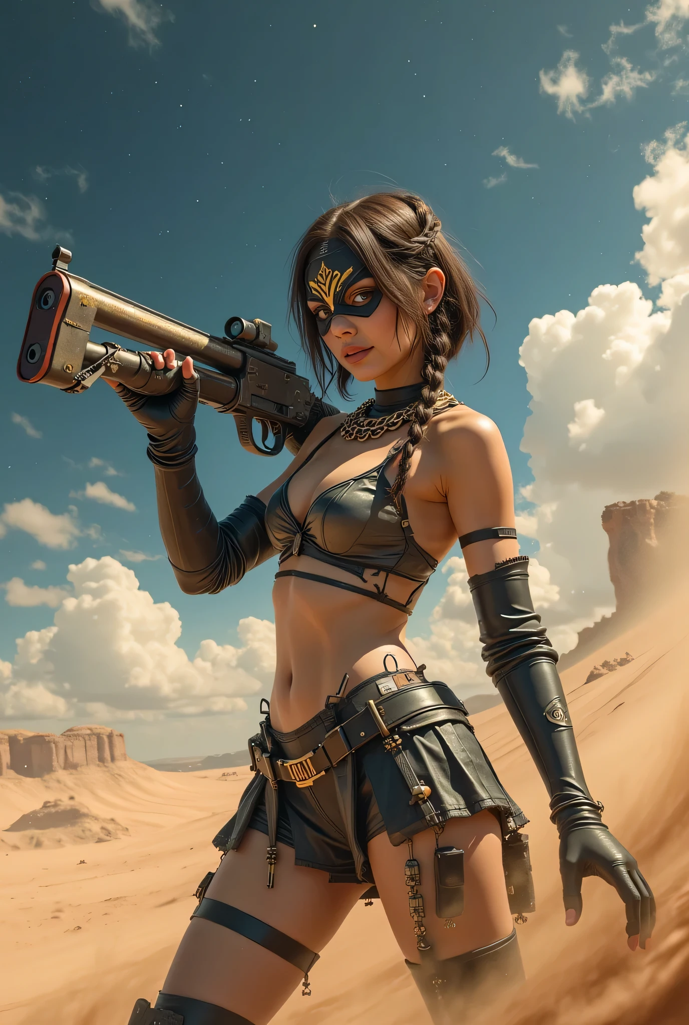 (8k, Top Quality Conversation , masterpiece), ( exists , photo exists : 1.37), very detailed, one girl to rainbow , { Grid girl holding a shotgun }, Wide angle , big breasts shaking at night , Very delicate depiction , armor made with miniature paint , short braided hair , correct skeleton 、 short braided hair , Braid Chain , A combination of 、 dreamy ,Super existent mixed fantasy world , exists elements and fantastic elements in a gun with a complicated pattern ( 渦巻く砂漠の砂 :1)、 Get ready to fight with a shotgun 、 complicated , Wear a sharp and elaborate iron mask 、 facing the camera