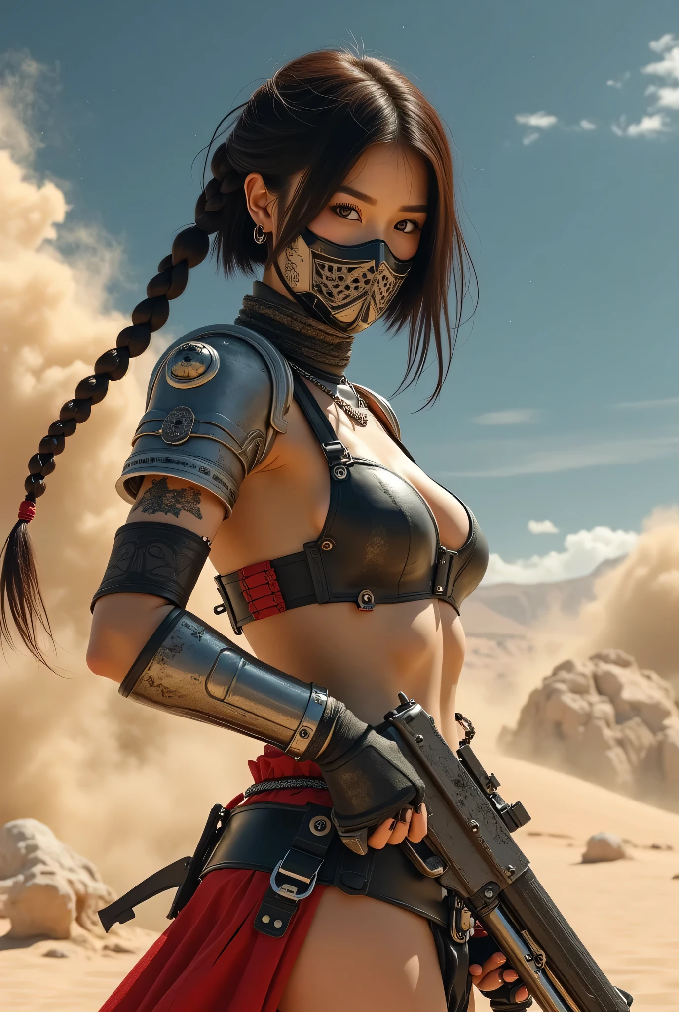 (8k, Top Quality Conversation , masterpiece), ( exists , photo exists : 1.37), very detailed, one girl to rainbow , { Grid girl holding a shotgun }, Wide angle , big breasts shaking at night , Very delicate depiction , armor made with miniature paint , short braided hair , correct skeleton 、 short braided hair , Braid Chain , A combination of 、 dreamy ,Super existent mixed fantasy world , exists elements and fantastic elements in a gun with a complicated pattern ( 渦巻く砂漠の砂 :1)、 Get ready to fight with a shotgun 、 complicated , Wear a sharp and elaborate iron mask 、 facing the camera