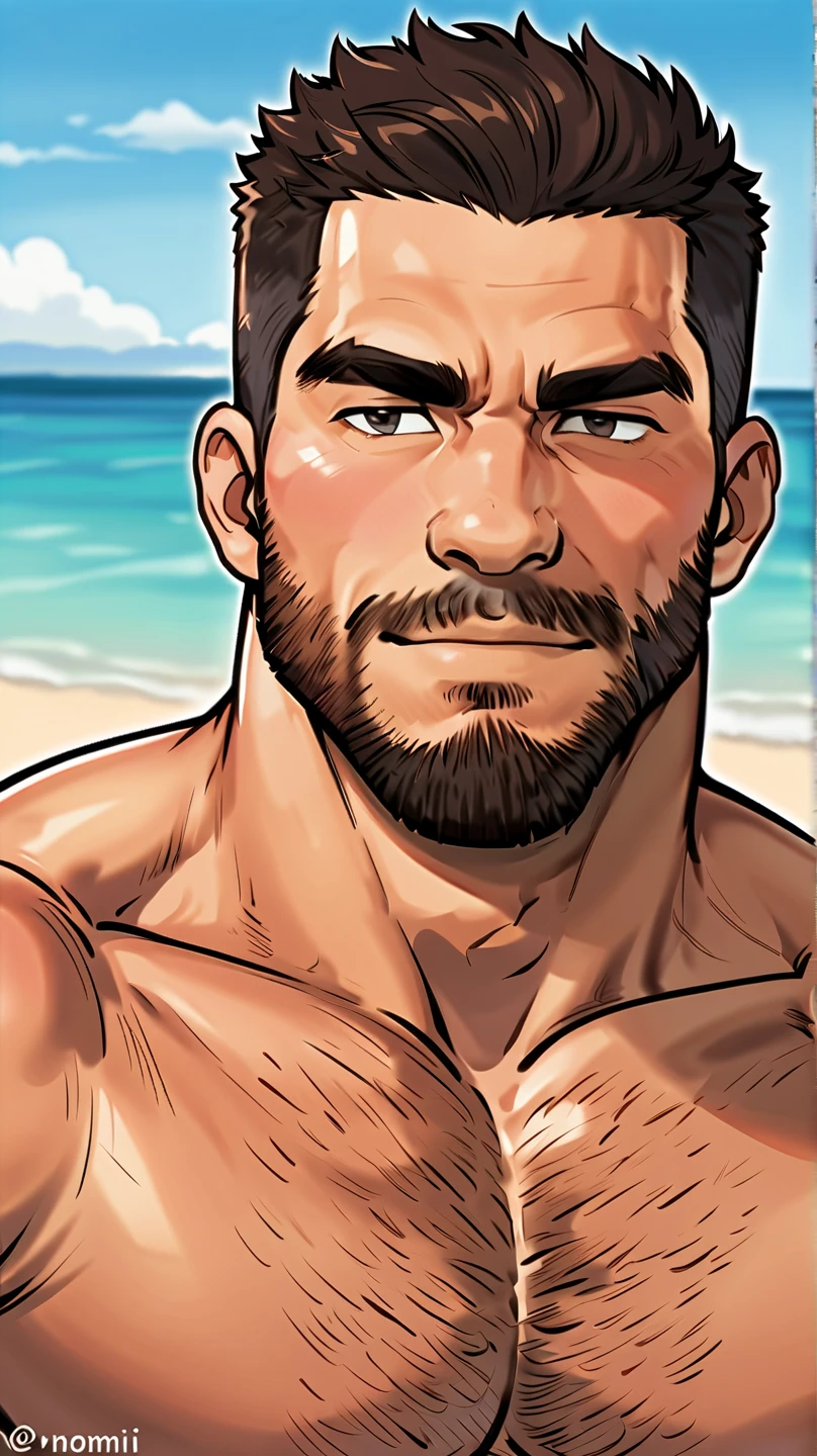RAW, realistic (handsome mature man), (50 yo), white man, wearing a speedo, wet speedo, wet dripping crotch, bulge, (beefy:1.3), beard, looking at viewer, beautiful man, detailed eyes, symmetric face, smirk, robust, greying hair, on a beach at sundown, crotch in focus, nice bulge, He is a chubby man, with extremely thick thighs, a large belly, fat, 50 years old, bearded, with a huge beard, wearing an open, unbuttoned plaid t-shirt, usando apenas sunga branca meias pretas, gold chain neck rings, watch on wrist, pulseiras no pulso, fotografia de Corpo completo imagem de corpo inteiro, low side angles. Detailed image dynamic image. He doesn't wear clothes.