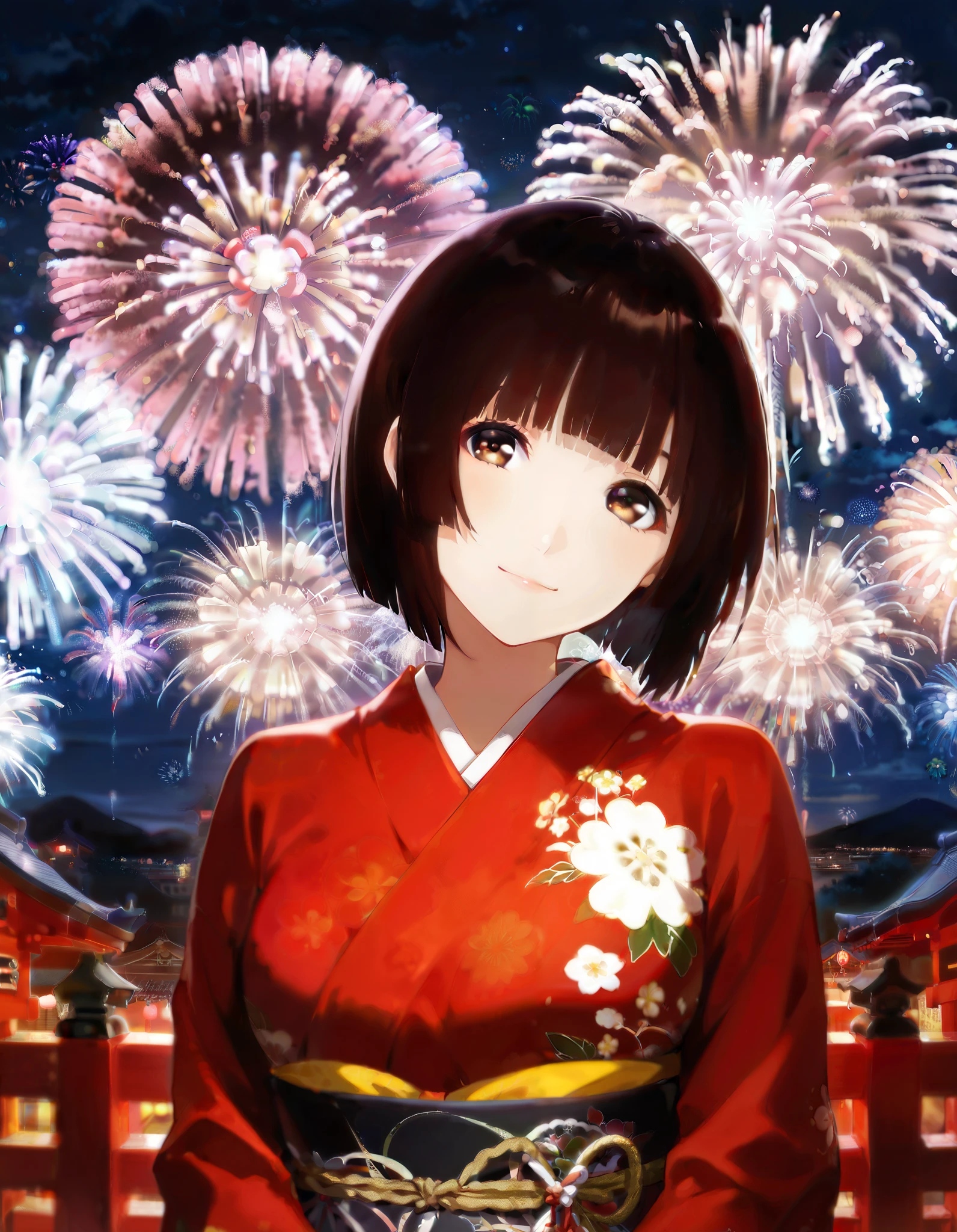 score_9, score_8_up, score_7_up, hoshijiro-shizuka, (1girl, solo), (front view, upper body), (black short hair, bob cut, blunt bangs), brown eyes, (red kimono with yellow floral print, long sleeves, obi), head tilt, smile, Japanese ancient capital, (night sky, aerial fireworks)