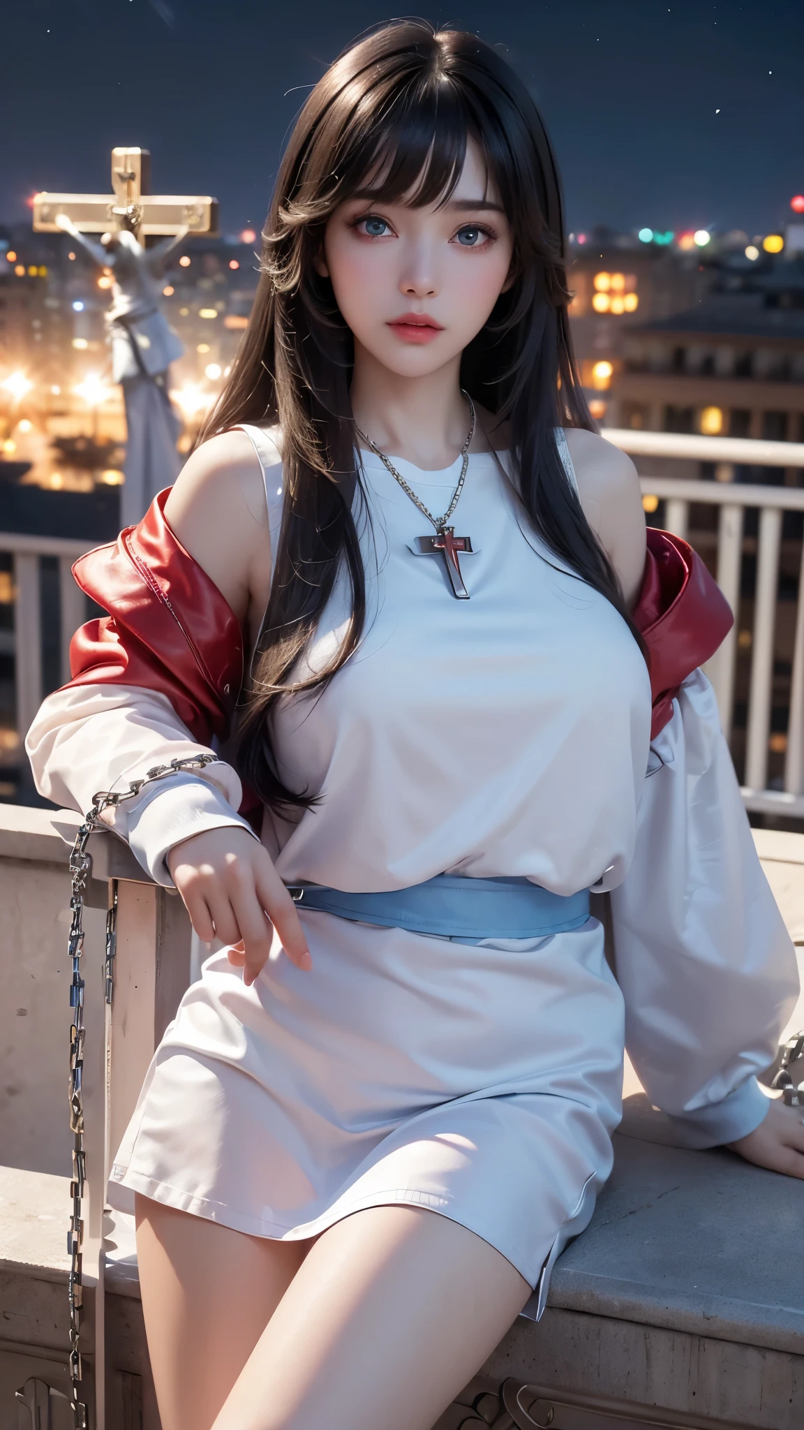 Landscape of a very beautiful 1girl, REBEL, (((face exposed)))!!!, (full body shot), (((front focus))), (((background Blurry))), Bokeh, lens flare, photography with Fujifilm XT3, (((at night)))!!!, depth of field, film grain, female focus, BREAK, book model/(seed'641670581'/), (((leaning at highest home balcony)))!!!, (((city night light at back)))!!!, (((stary sky)))!!!, lamp light, (looks at the audience with beautiful blue iris like sapphire)!, Ultra detailed eyes, (Beautiful light blue pupil's eye's like sapphire:1.40)!, Stars in her fixed eyes, (homochromatic eyes)!!!, (((poker face)))!!!, long sleevemouth, (thin fresh peach lips)!, (Blush)!, Perfect nose, Cute little nose, beatiful face, Face Clean, realistic Skin, hyper realistic, Perfect eyebrow appear through Light black hair, Light black hair bangs, hair between eyes, (((ultra shine Light black long smooth straight wavy hair_hime cut hairstyle)))!!!, ((((himecut hairstyle)))!!!, ((dynamic composition)), BREAK, detached sleeves, (((close shoulders with jacket)))!!!, /(((wear red T-Shirt)))!!!, ((((black long sleeves leather jacket out of T-shirt)))!!!, ((((crucifix & silver chain necklace))))!!!!, plump breasts, (((plump breast covered with red silk)))!!!, (white puffed skirt_petticoat), slim legs, vivid color clothes, detailed realistic clothes, BREAK, Best Quality, Masterpiece, Ultra-detailed, Beautiful, hight resolution, Original, CG 8K, perfect photo, dramatic lighting, Beautiful lighting, (((Realistic photo)))!!!, Realistic, Full HD, Best Quality, award winning, (8k wallpaper of extremely detailed CG unit), High Details, sharp-focus, The art of dramatic and photorealistic painting, ((in highest home balcony at night)), dynamic composition, breathtaking rendering, strong color, deep shadow