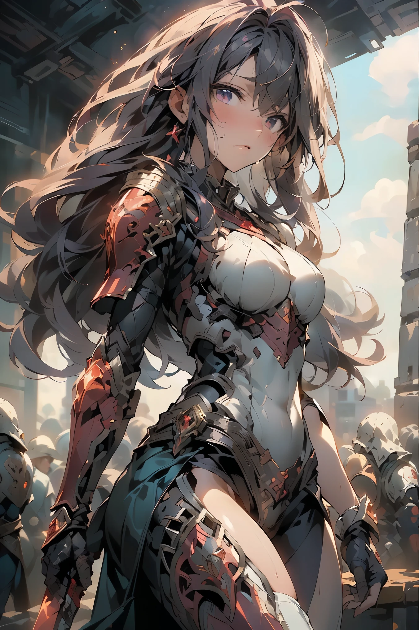 ((best quality)), ((masterpiece)), (detailed), perfect face, ((Best quality, 8k, Masterpiece: 1.3)), Knight in armour, red breastplate, carved shoulder pads, Metal shin guards, purple long hair blowing in the wind, red gloves, Sweaty on the battlefield, Dust-stained armor, Advanced skin texture, cowboy shot